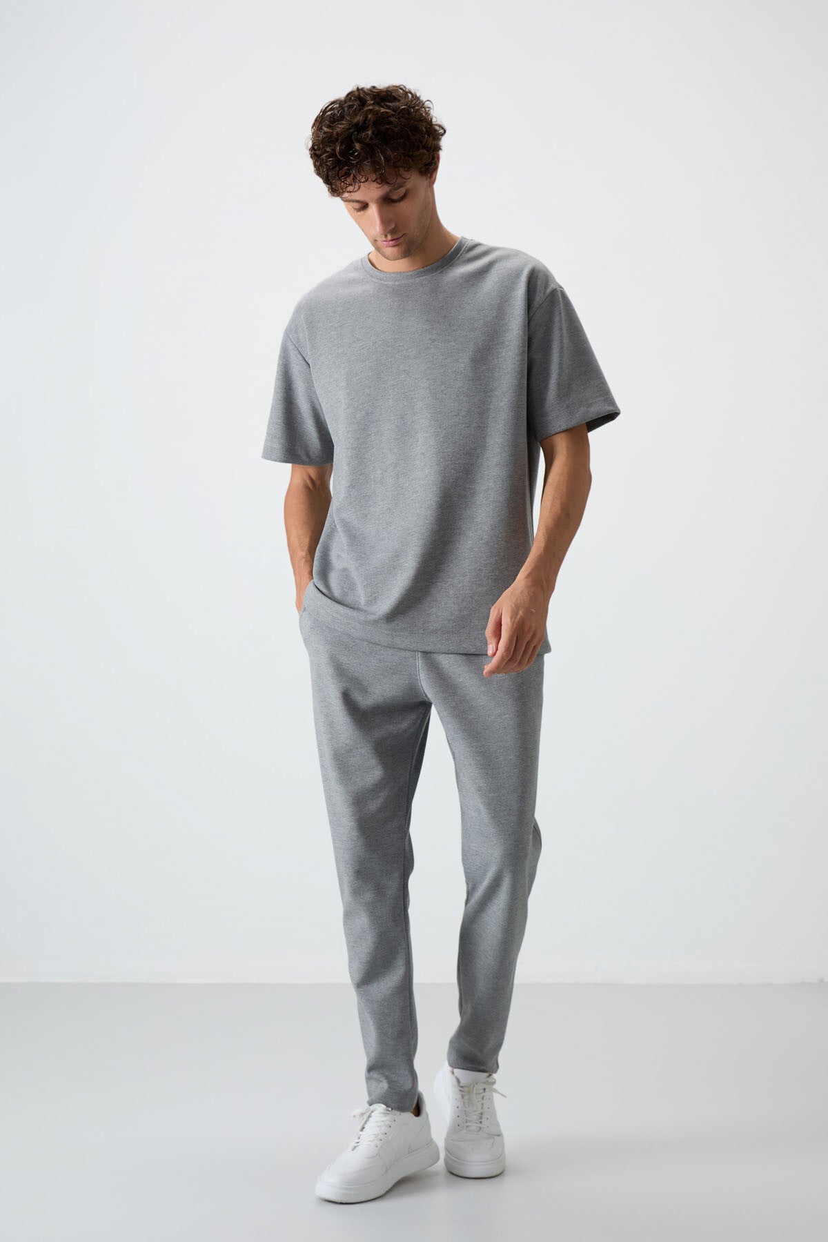 Grey Melange Cotton Thick Soft Textured Oversize Fit Basic Men's Tracksuit Set - 85251