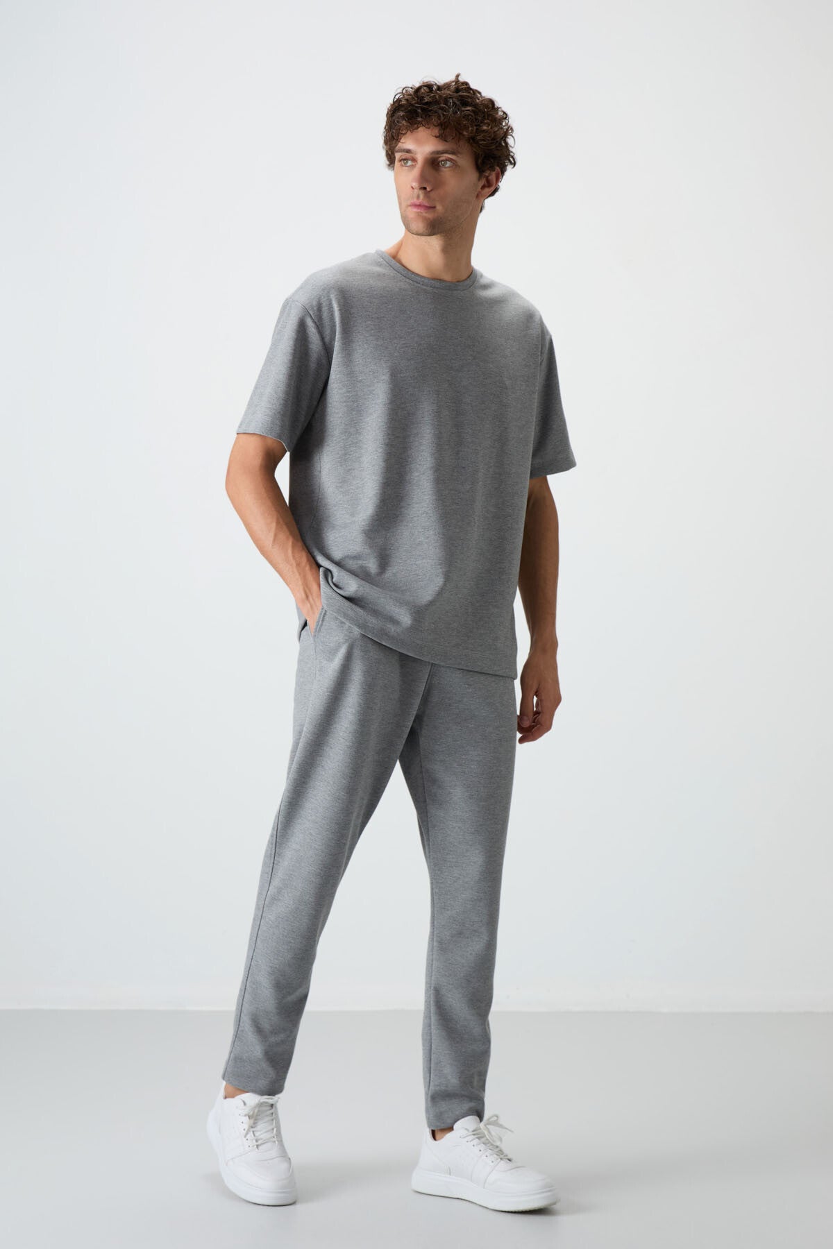 Grey Melange Cotton Thick Soft Textured Oversize Fit Basic Men's Tracksuit Set - 85251