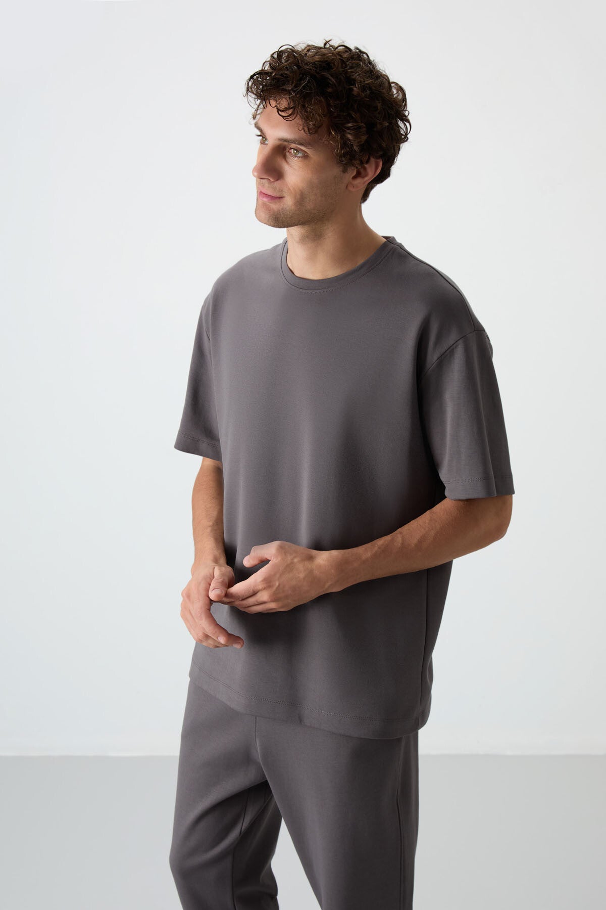 Dark Grey Cotton Thick Soft Textured Oversize Fit Basic Men's Tracksuit Set - 85251