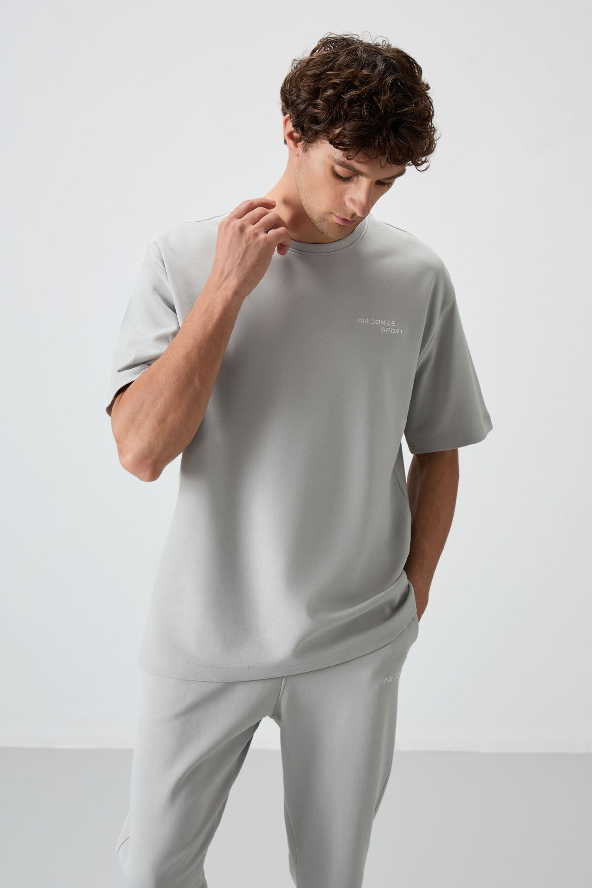 Stone Cotton Thick Soft Textured Oversize Fit Embroidered Men's Tracksuit Set - 85252