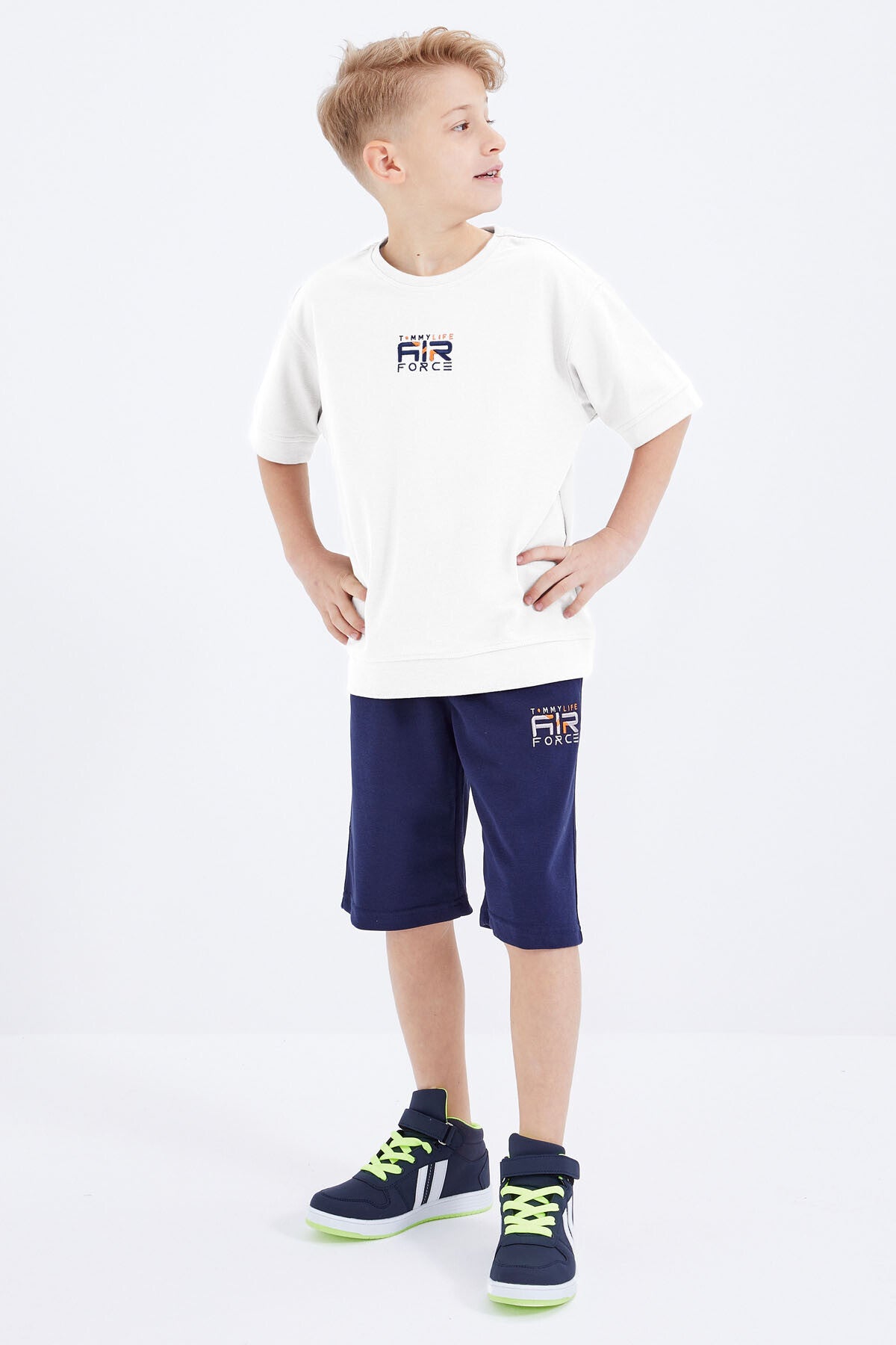 Ecru-Indigo Embroidered Oversize Boys' Shorts Set - 10897