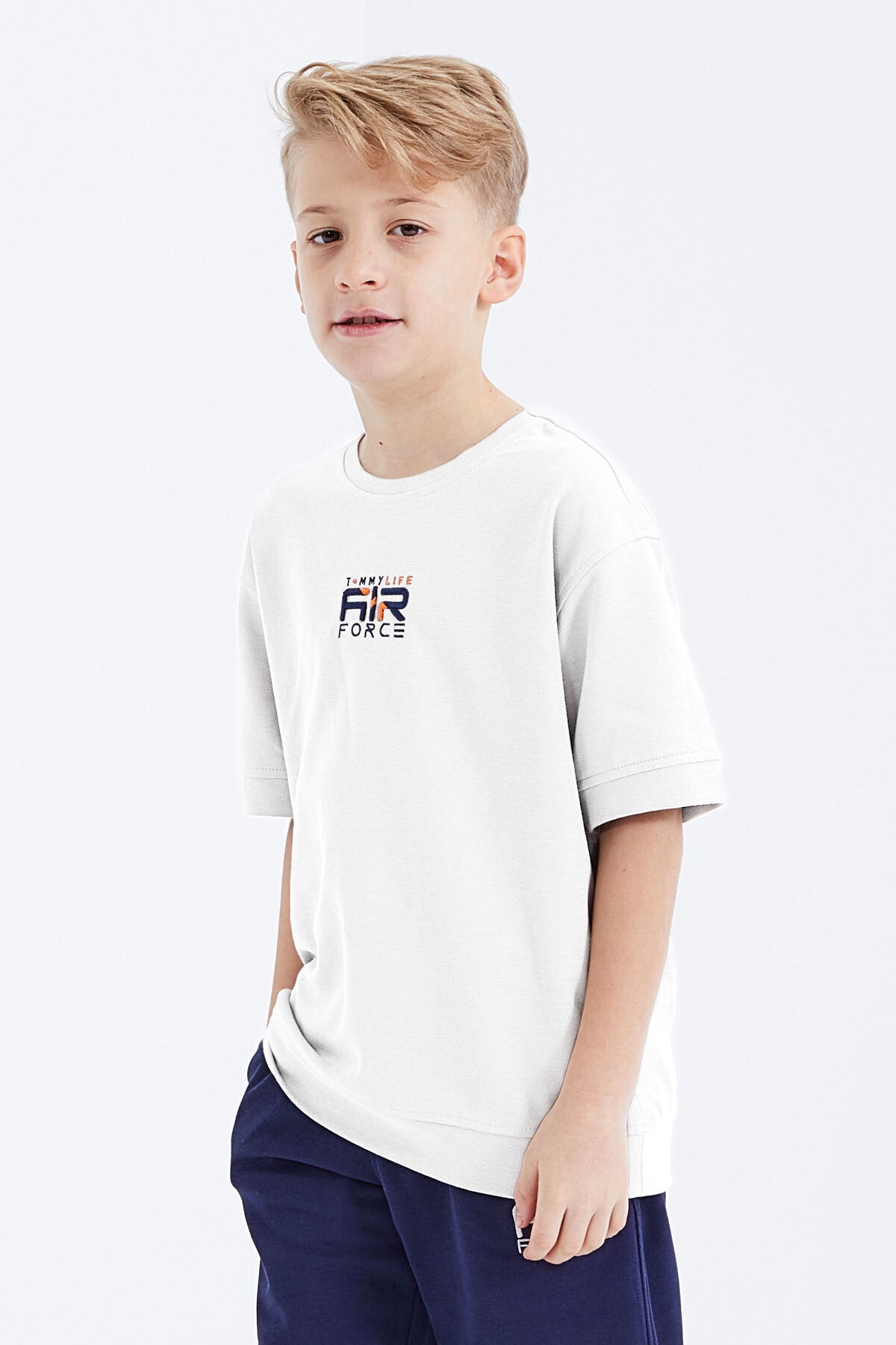 Ecru-Indigo Embroidered Oversize Boys' Shorts Set - 10897