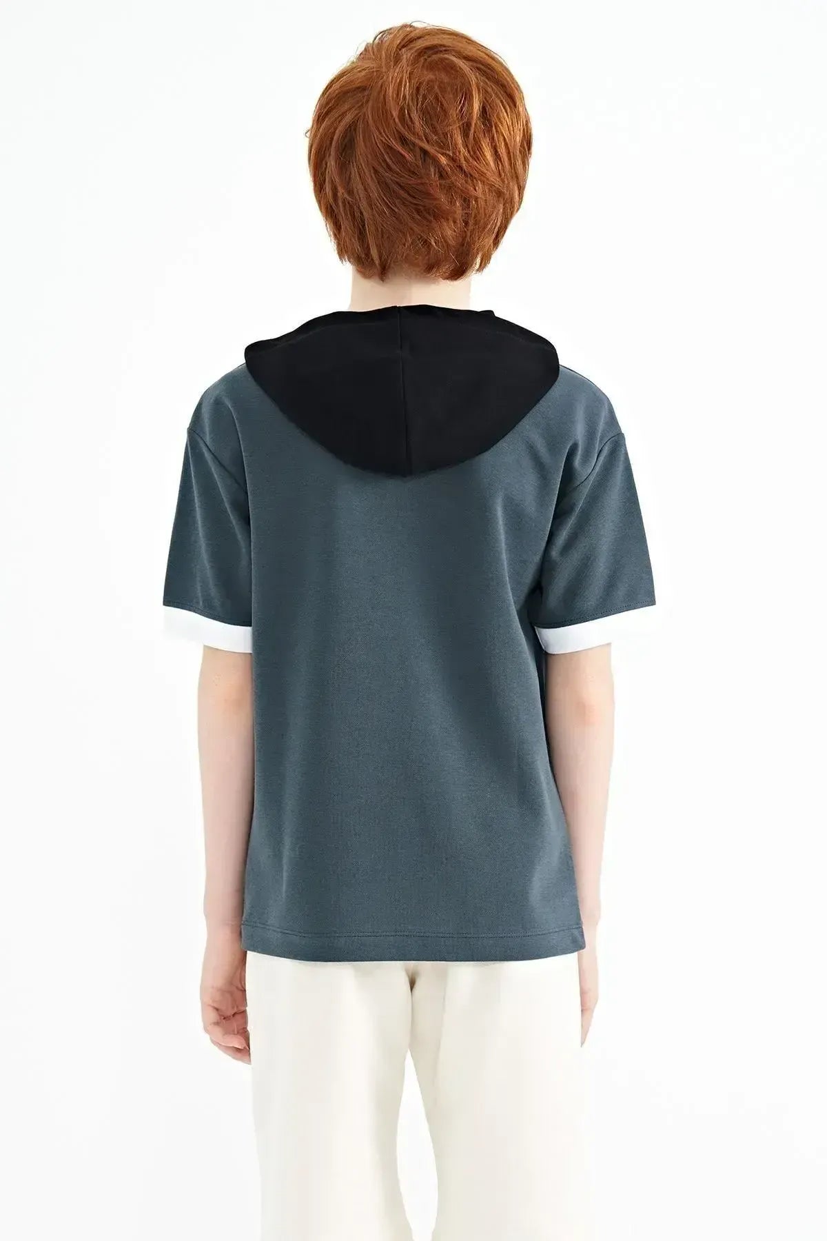 Forest Green Color Block Hooded Kangaroo Pocket Oversize Boys T-Shirt - 11148