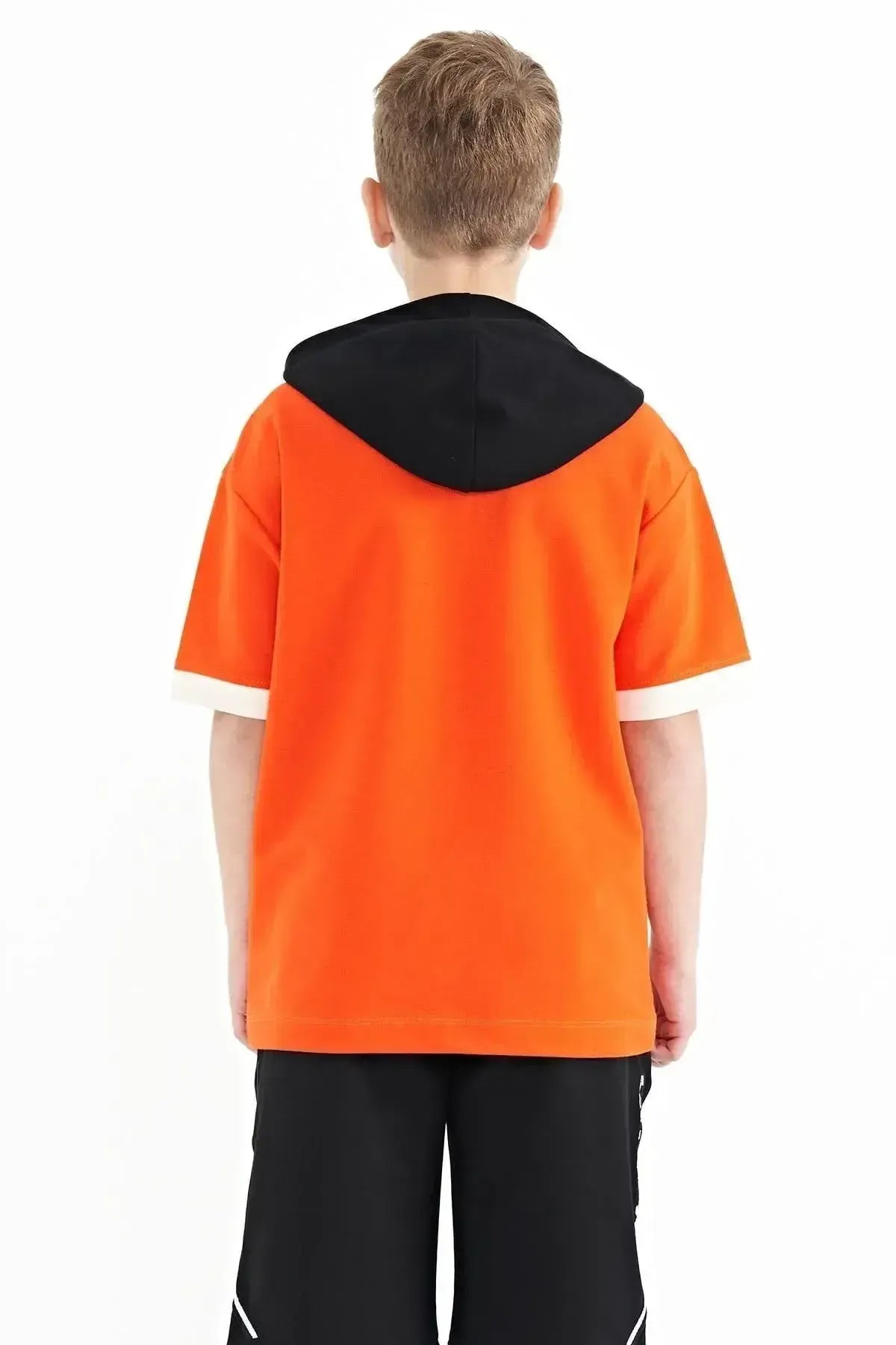 Orange Color Block Hooded Kangaroo Pocket Oversize Boys T-Shirt - 11148