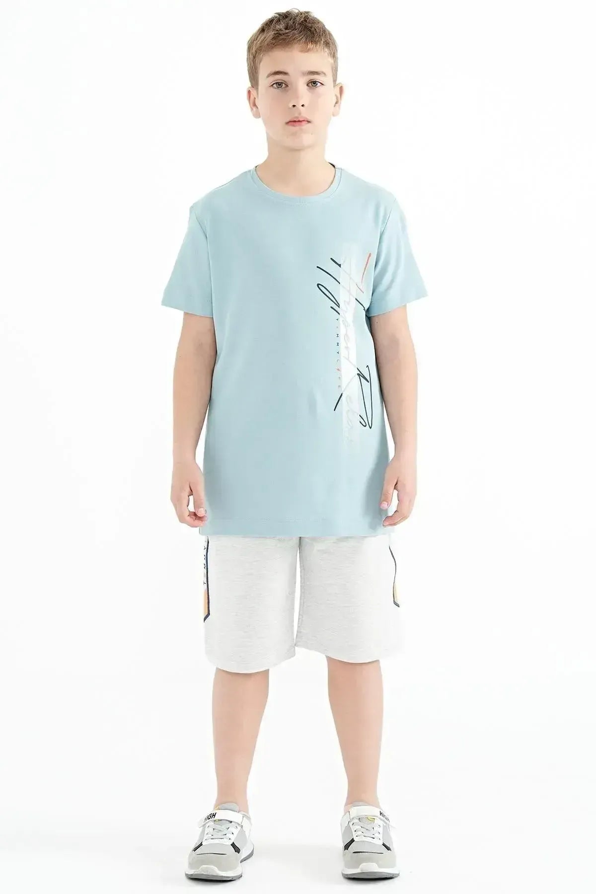 Light Blue Printed O Collar Standard Fit Boys' T-Shirt - 11119