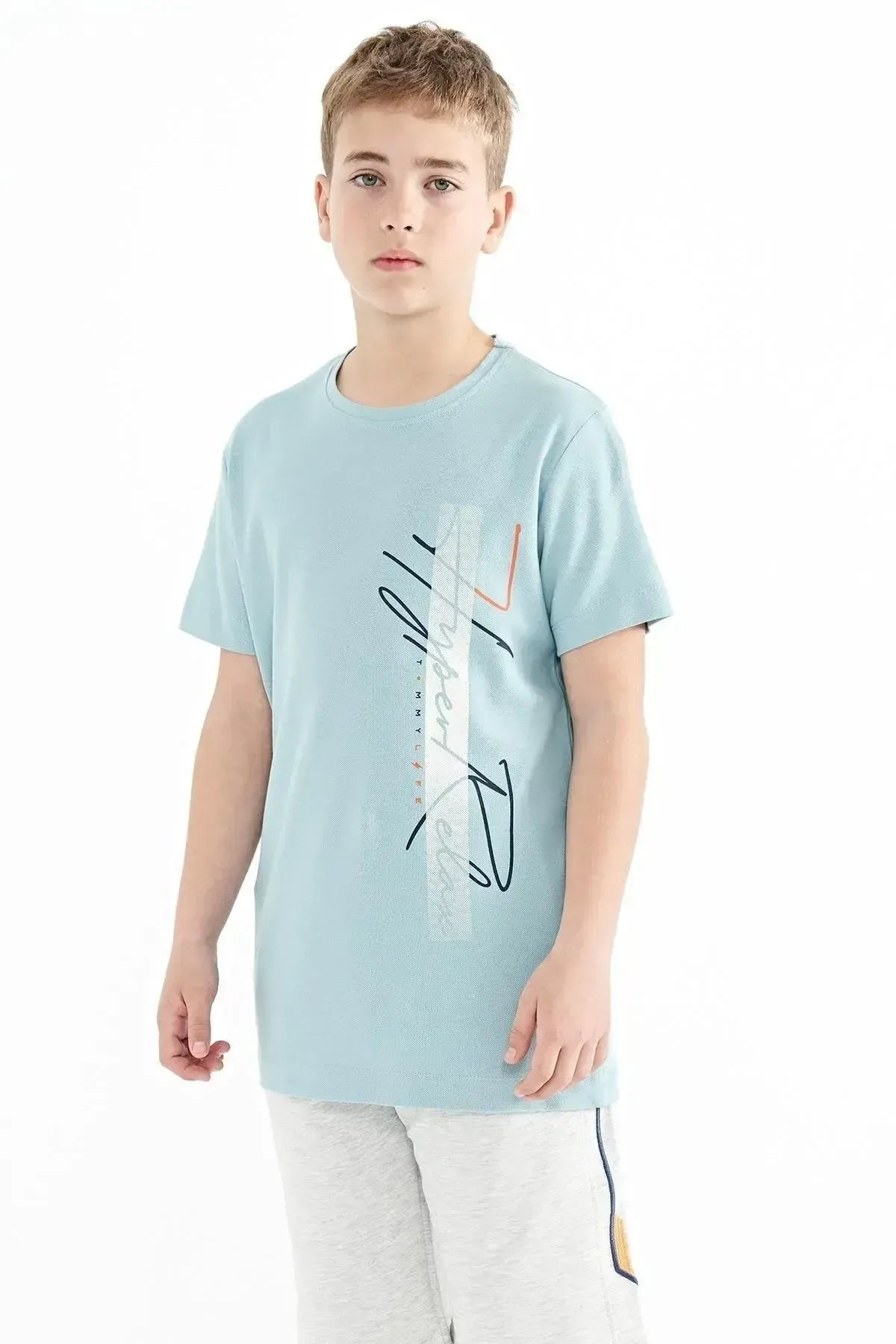 Light Blue Printed O Collar Standard Fit Boys' T-Shirt - 11119