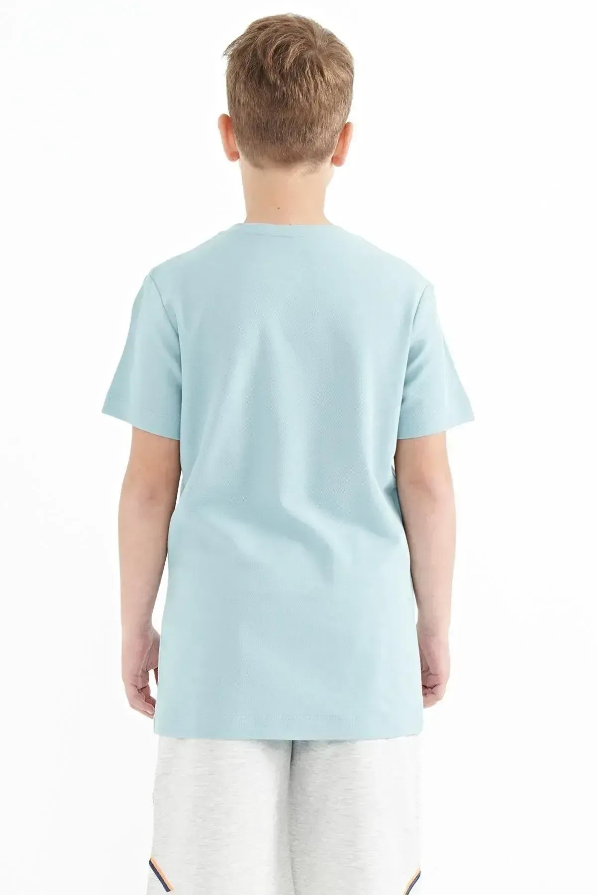 Light Blue Printed O Collar Standard Fit Boys' T-Shirt - 11119