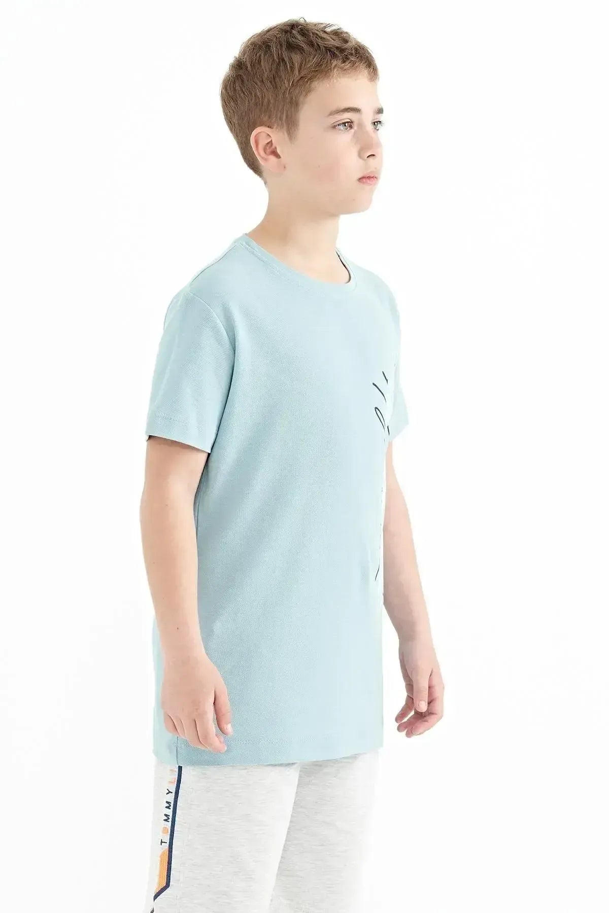 Light Blue Printed O Collar Standard Fit Boys' T-Shirt - 11119