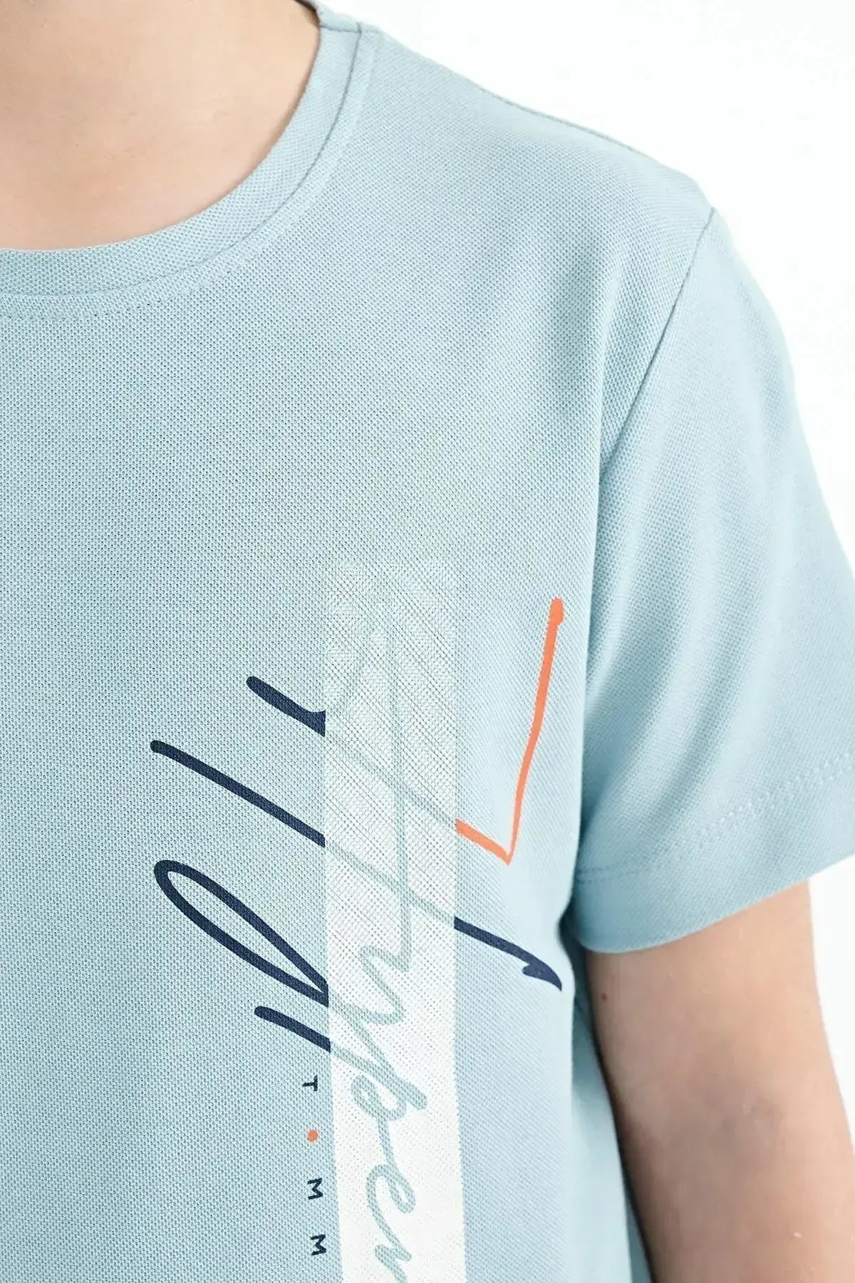 Light Blue Printed O Collar Standard Fit Boys' T-Shirt - 11119