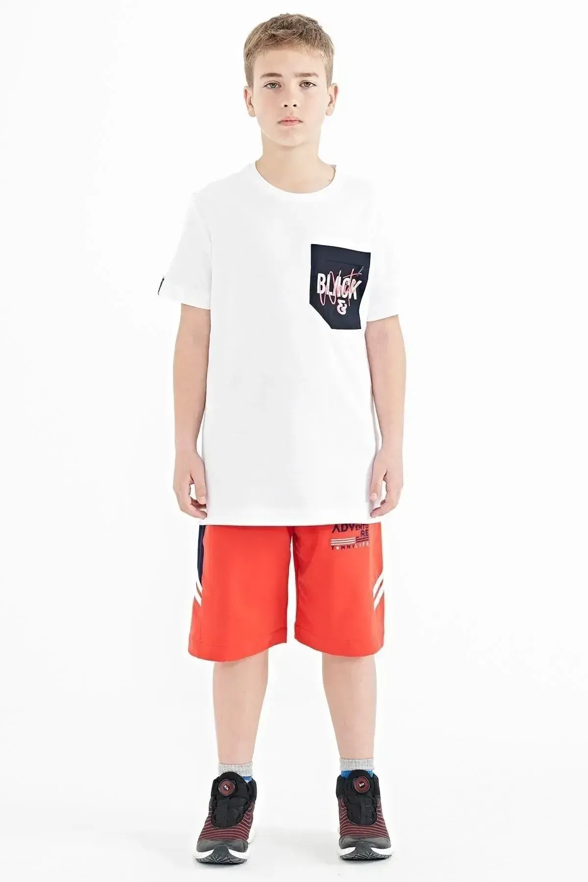 White Front Pocket Embroidered O Neck Standard Fit Boys T-Shirt - 11116