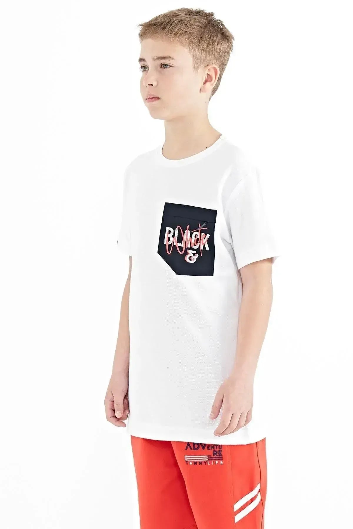 White Front Pocket Embroidered O Neck Standard Fit Boys T-Shirt - 11116