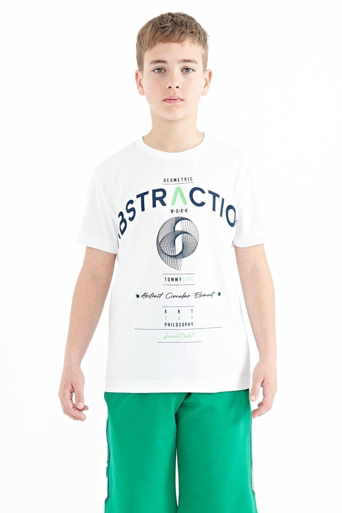 White Print Detailed O Collar Standard Fit Boys' T-Shirt - 11103