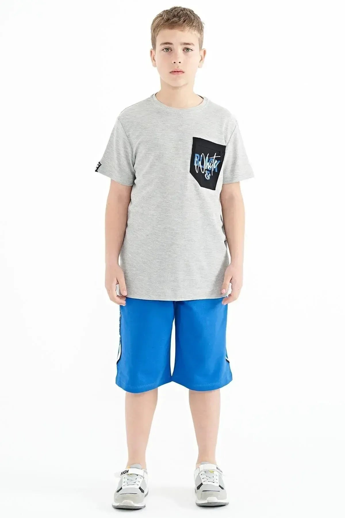 Grey Melange Round Neck Embroidered O Collar Standard Fit Boys T-Shirt - 11116