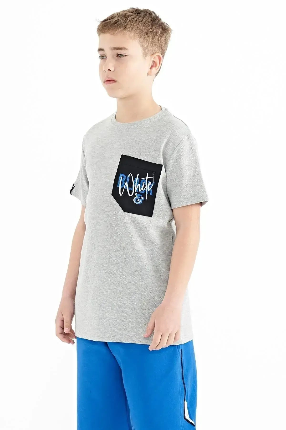 Grey Melange Round Neck Embroidered O Collar Standard Fit Boys T-Shirt - 11116