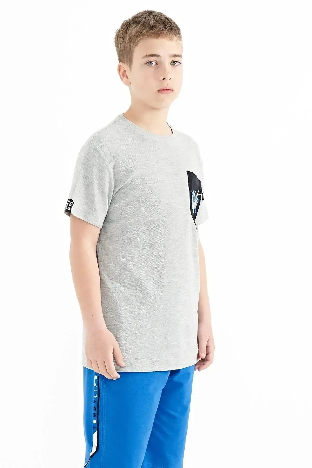 Grey Melange Round Neck Embroidered O Collar Standard Fit Boys T-Shirt - 11116