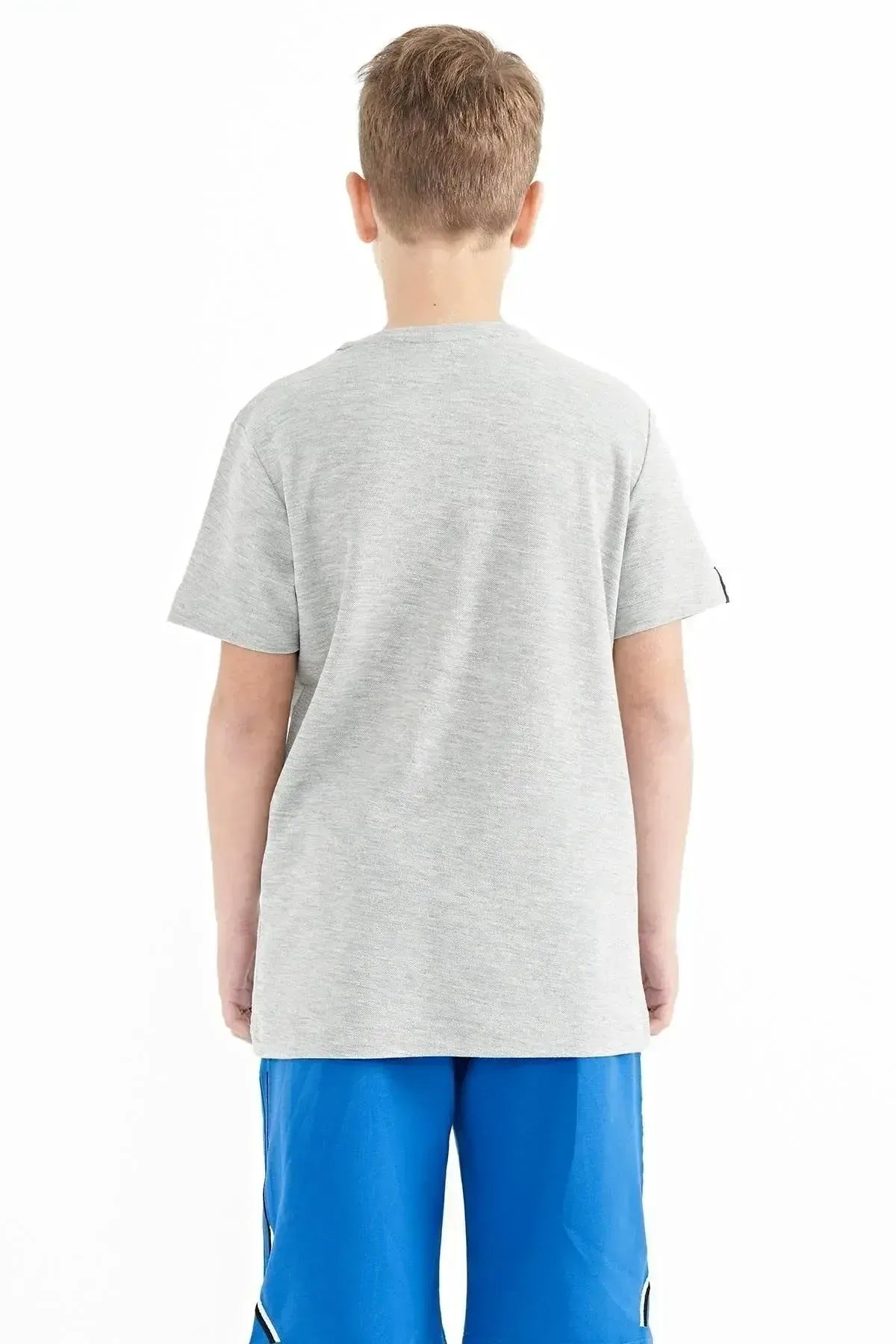 Grey Melange Round Neck Embroidered O Collar Standard Fit Boys T-Shirt - 11116