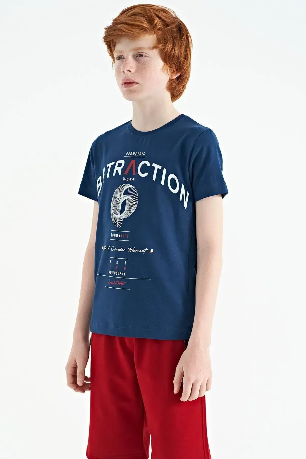 Indigo Print Detailed O Collar Standard Cut Boys' T-Shirt - 11103