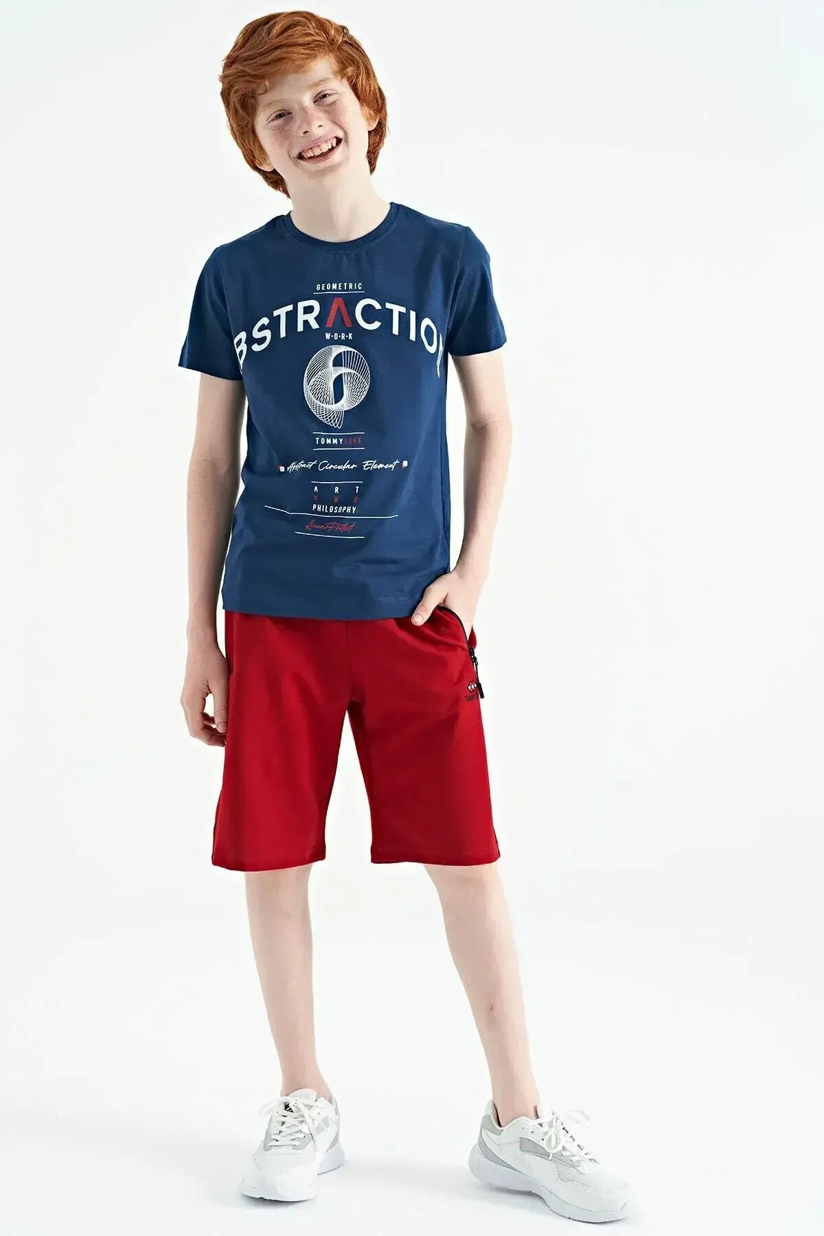 Indigo Print Detailed O Collar Standard Cut Boys' T-Shirt - 11103
