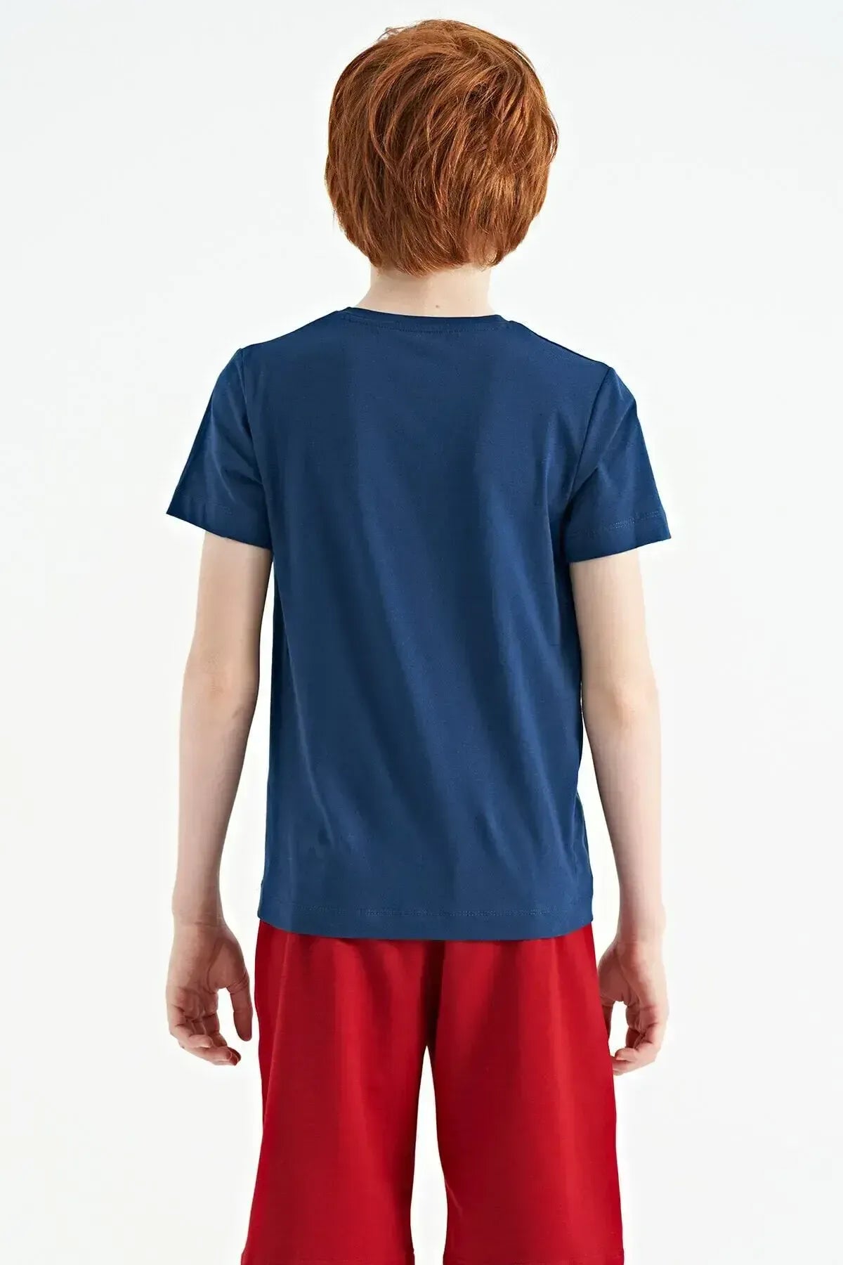 Indigo Print Detailed O Collar Standard Cut Boys' T-Shirt - 11103