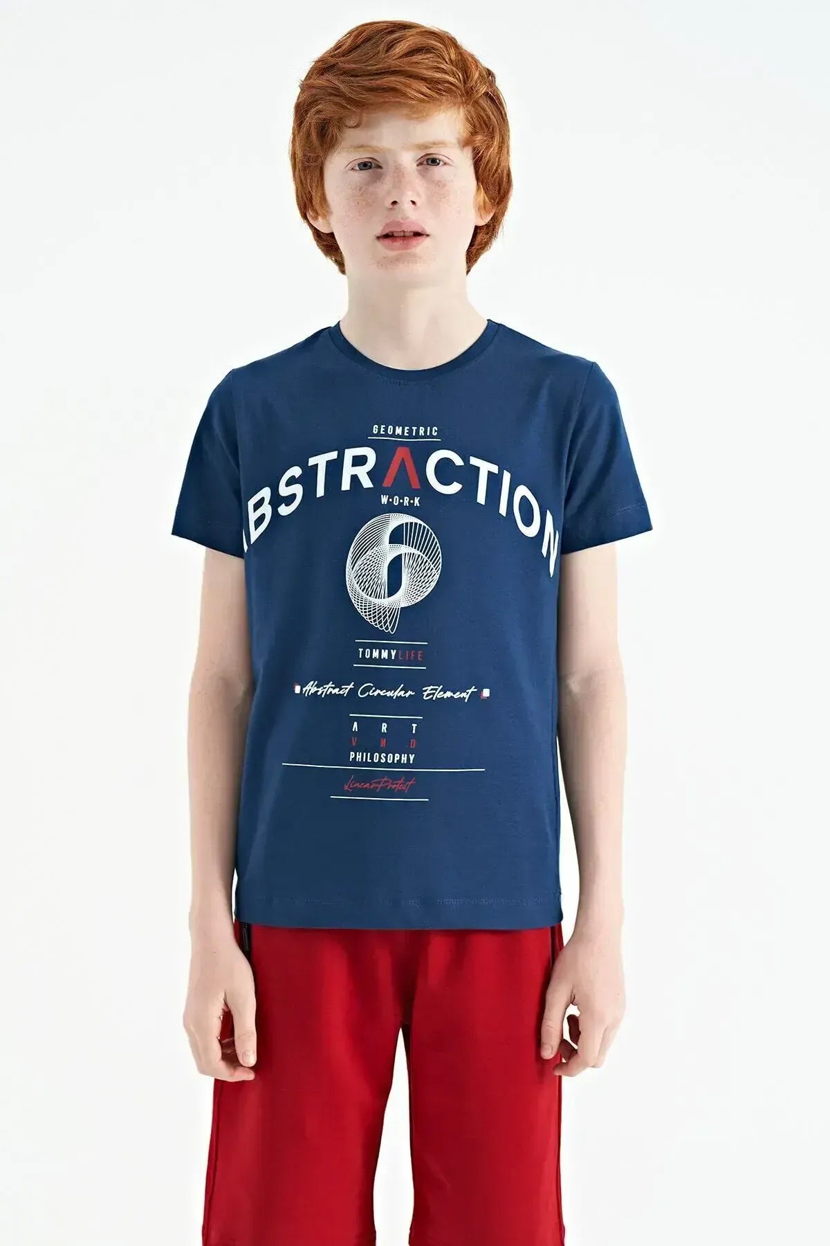 Indigo Print Detailed O Collar Standard Cut Boys' T-Shirt - 11103
