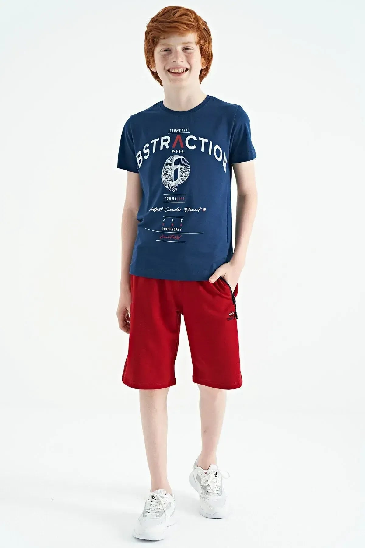 Indigo Print Detailed O Collar Standard Cut Boys' T-Shirt - 11103