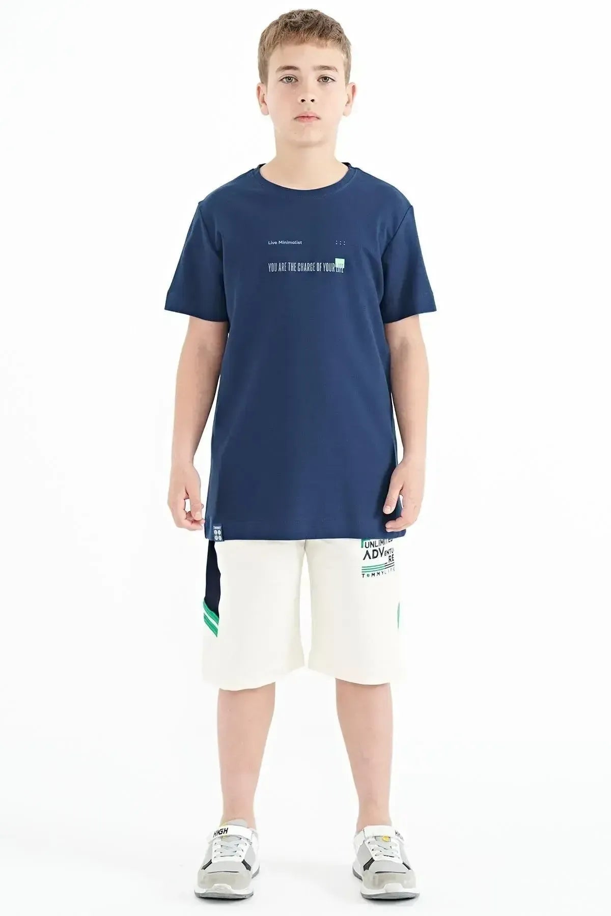 Indigo Print Detailed O Collar Standard Fit Men's Kids T-Shirt - 11117