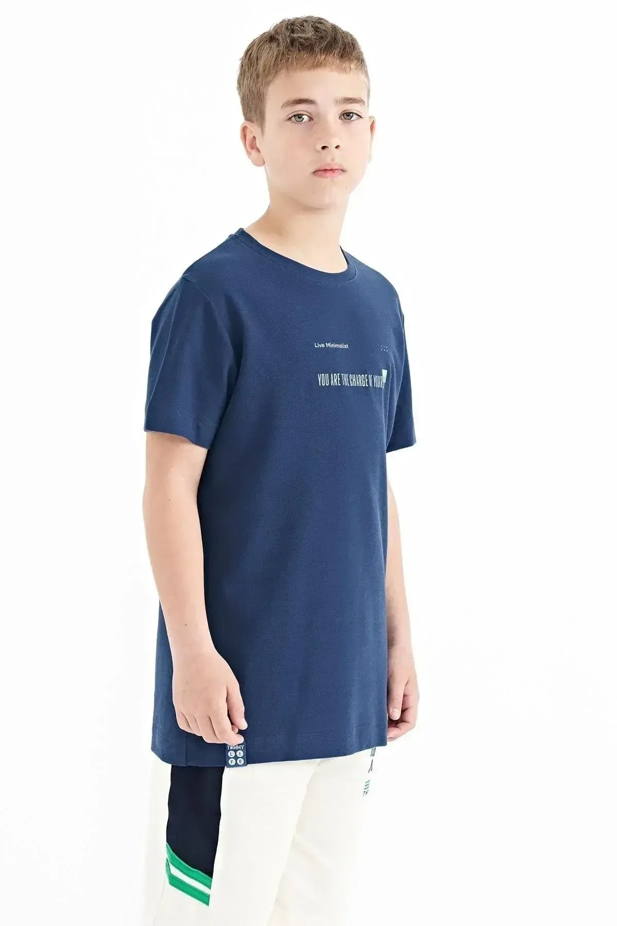 Indigo Print Detailed O Collar Standard Fit Men's Kids T-Shirt - 11117