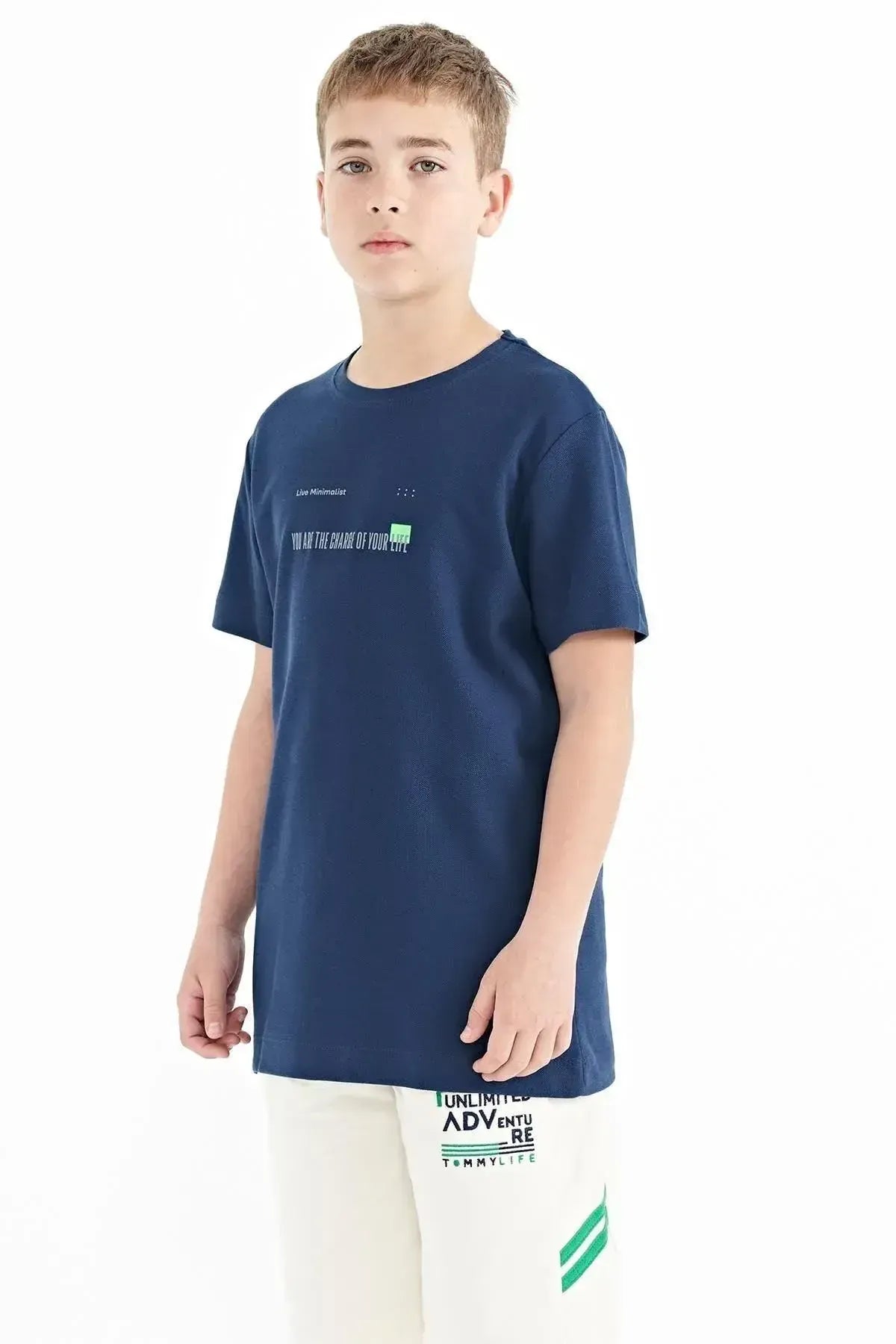 Indigo Print Detailed O Collar Standard Fit Men's Kids T-Shirt - 11117