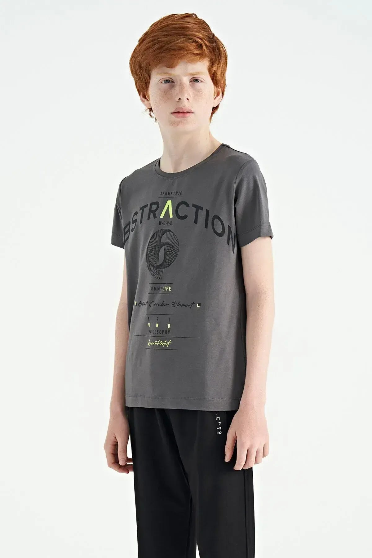 Dark Grey Print Detailed O Collar Standard Fit Boys T-Shirt - 11103