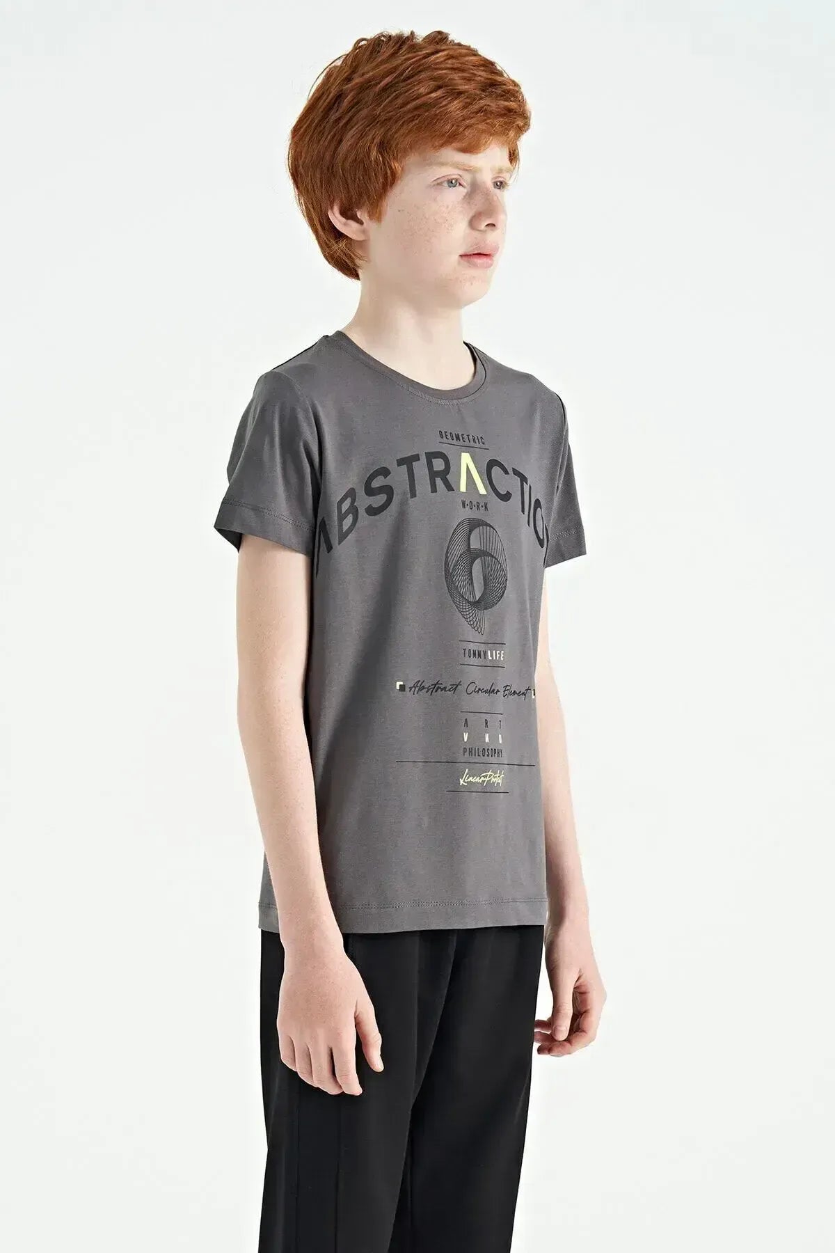 Dark Grey Print Detailed O Collar Standard Fit Boys T-Shirt - 11103