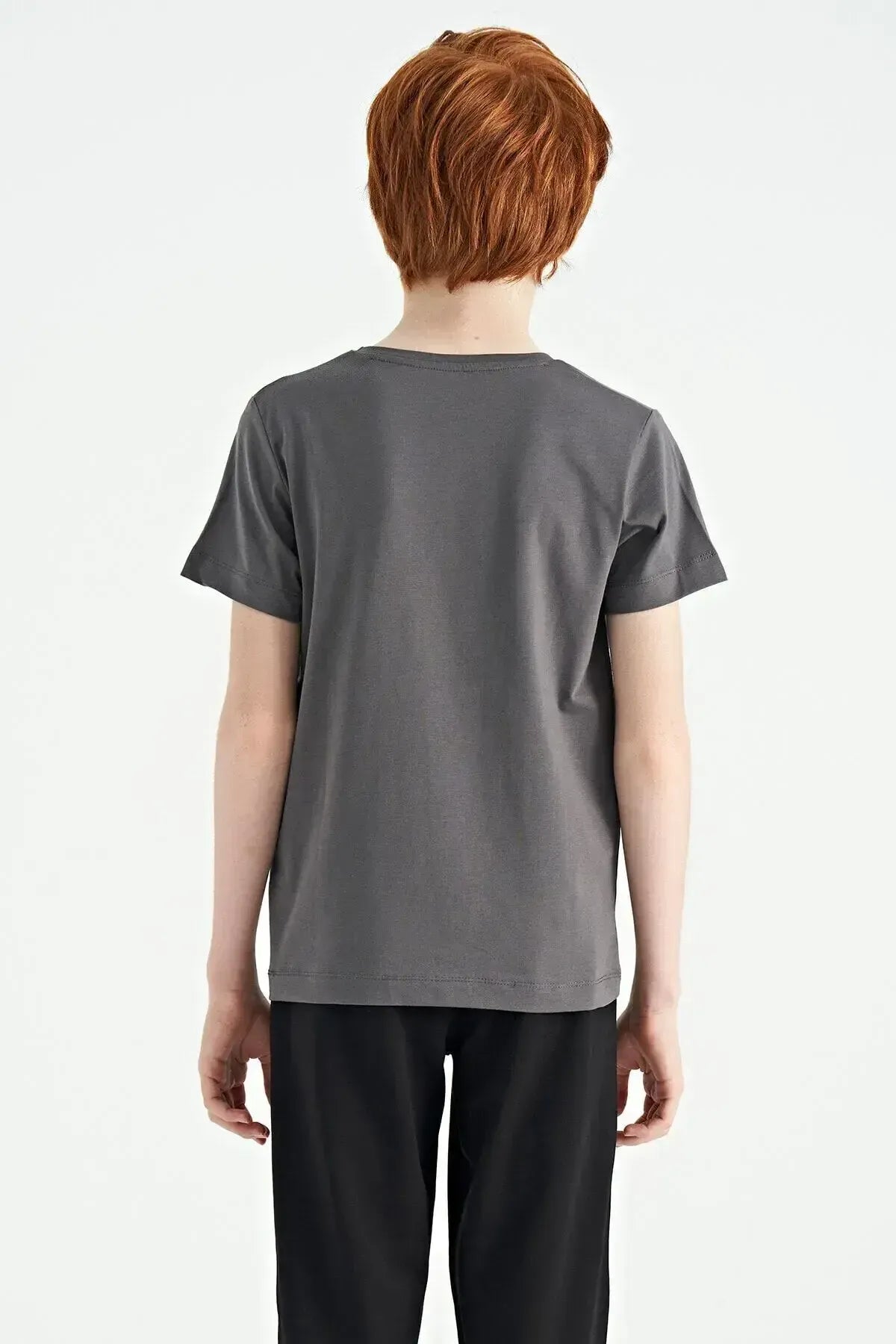 Dark Grey Print Detailed O Collar Standard Fit Boys T-Shirt - 11103