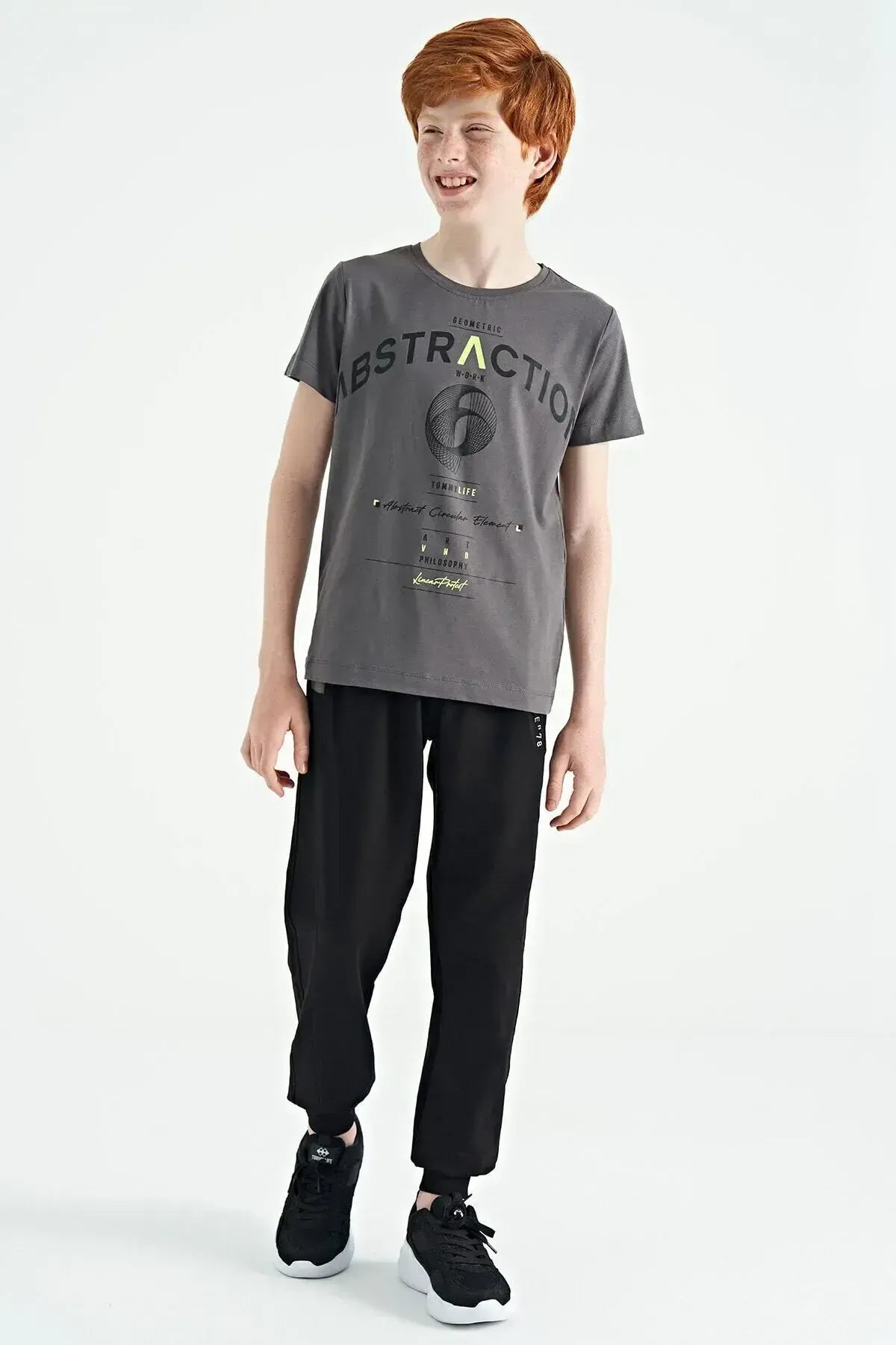 Dark Grey Print Detailed O Collar Standard Fit Boys T-Shirt - 11103