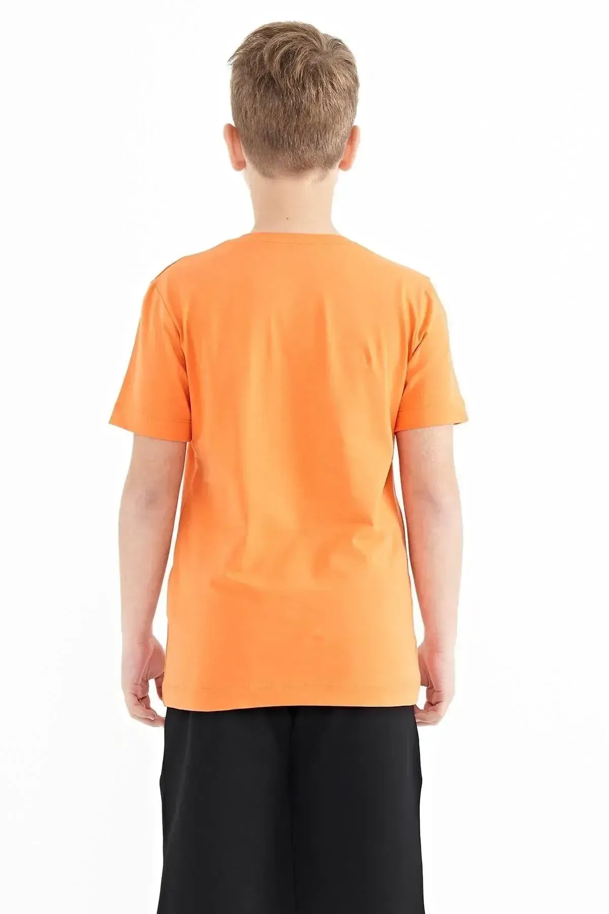 Orange Print Detailed O Collar Standard Cut Boys' T-Shirt - 11103
