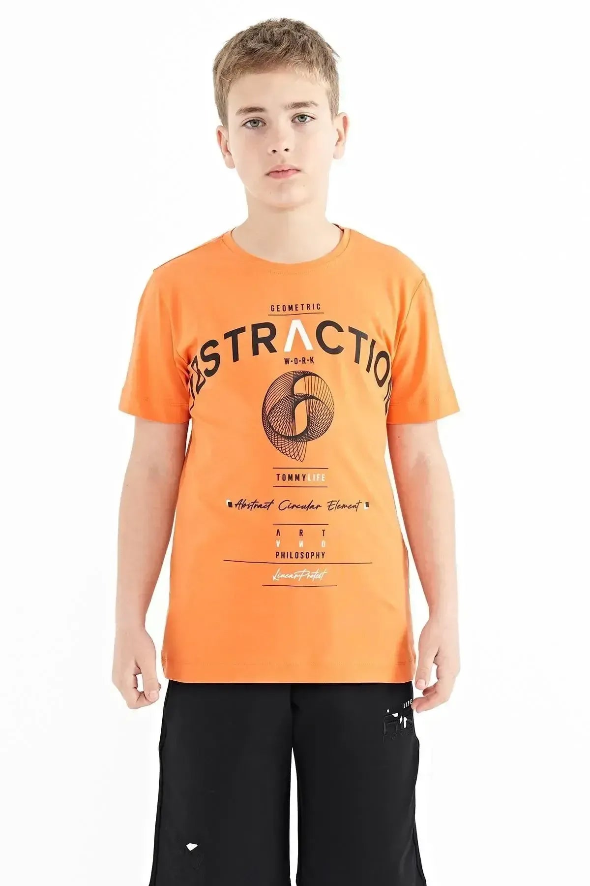Orange Print Detailed O Collar Standard Cut Boys' T-Shirt - 11103