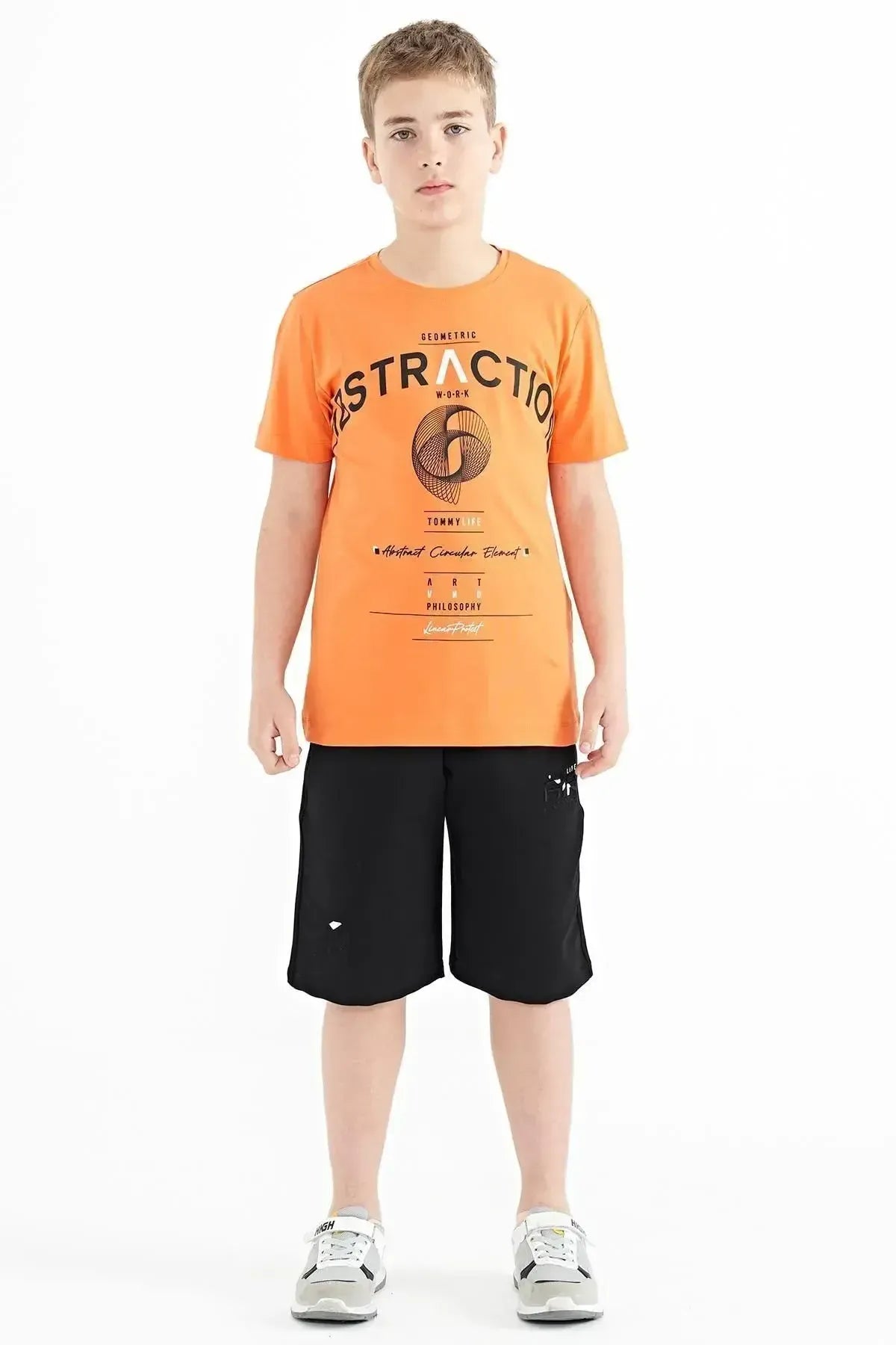 Orange Print Detailed O Collar Standard Cut Boys' T-Shirt - 11103