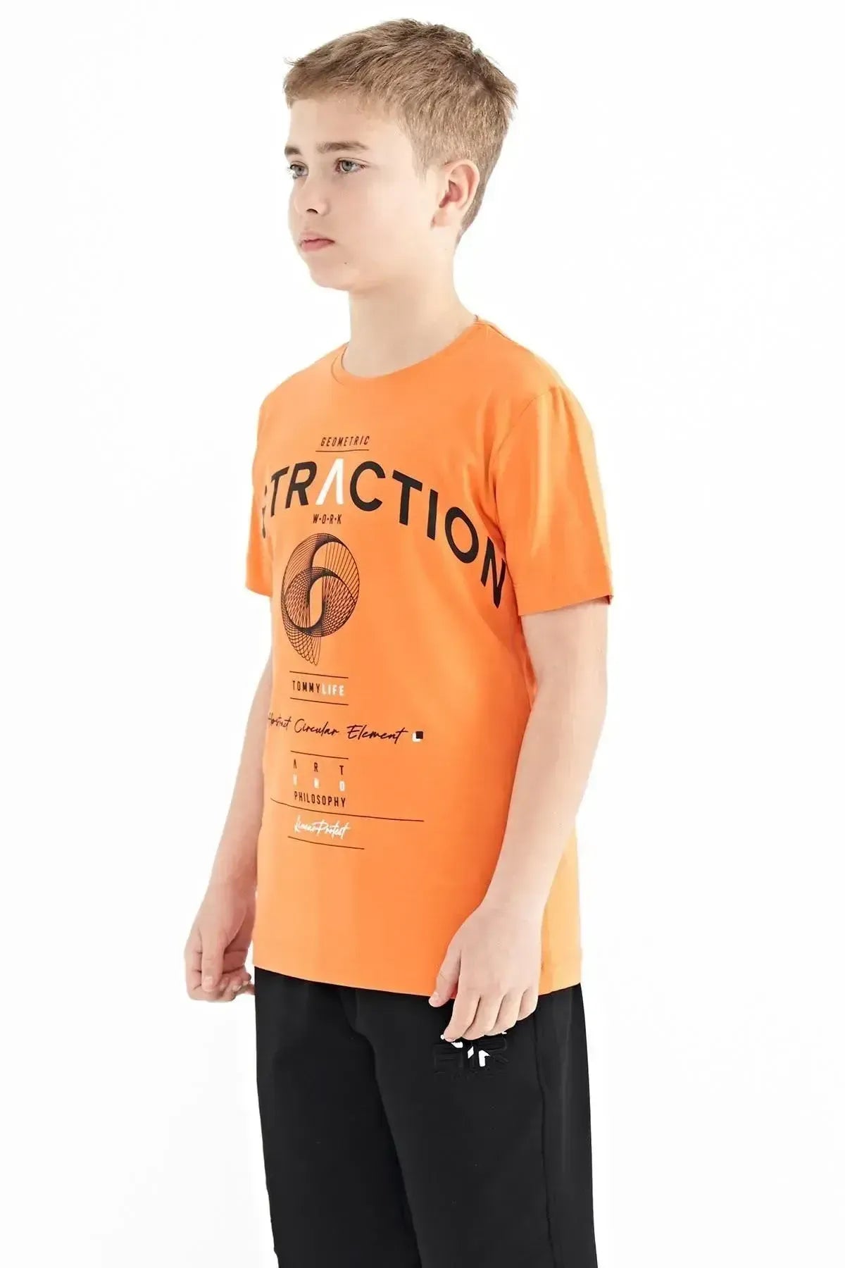Orange Print Detailed O Collar Standard Cut Boys' T-Shirt - 11103