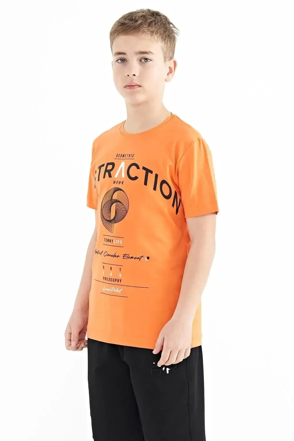 Orange Print Detailed O Collar Standard Cut Boys' T-Shirt - 11103