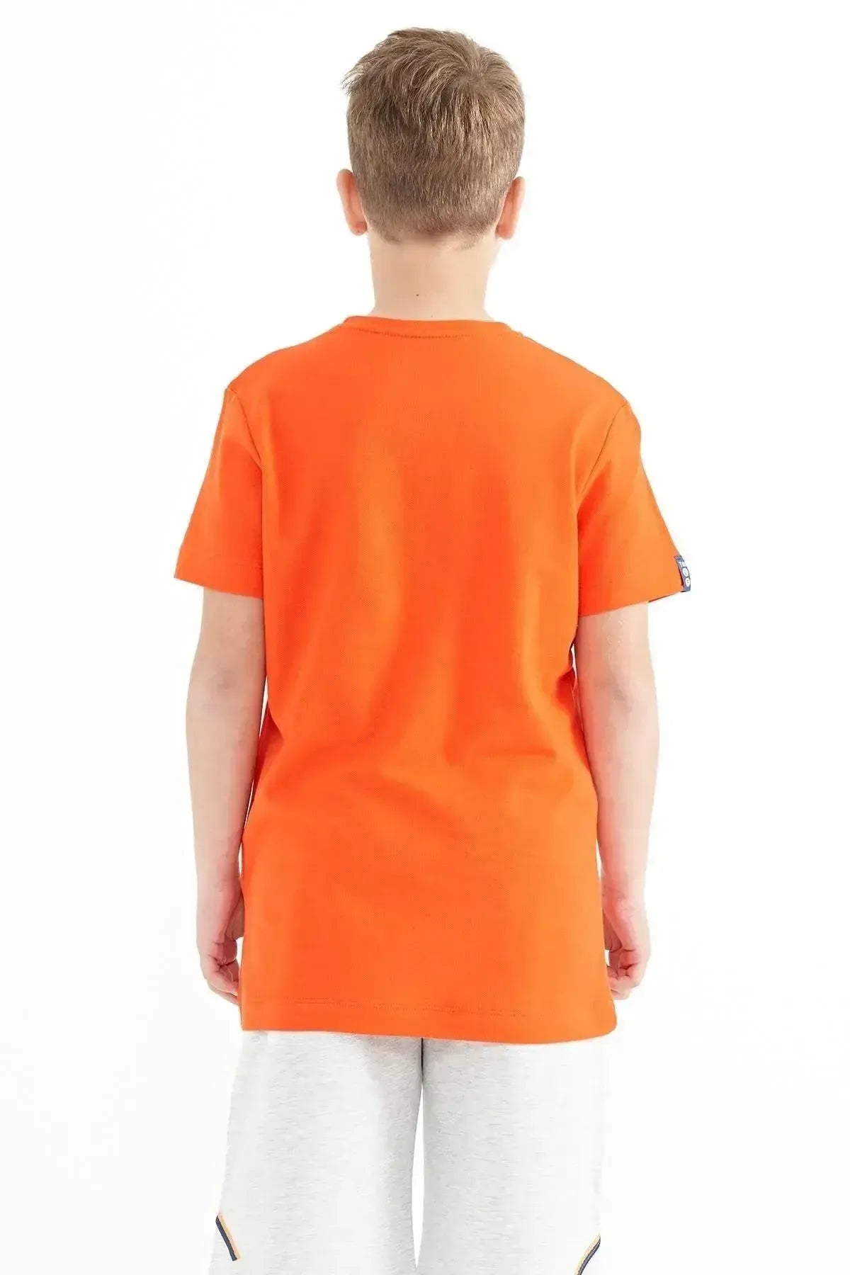 Orange Front Pocket Embroidered Detailed O Collar Standard Fit Boys' T-Shirt - 11116