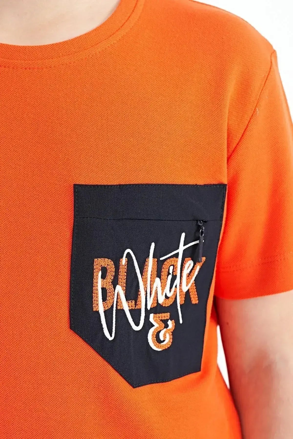 Orange Front Pocket Embroidered Detailed O Collar Standard Fit Boys' T-Shirt - 11116