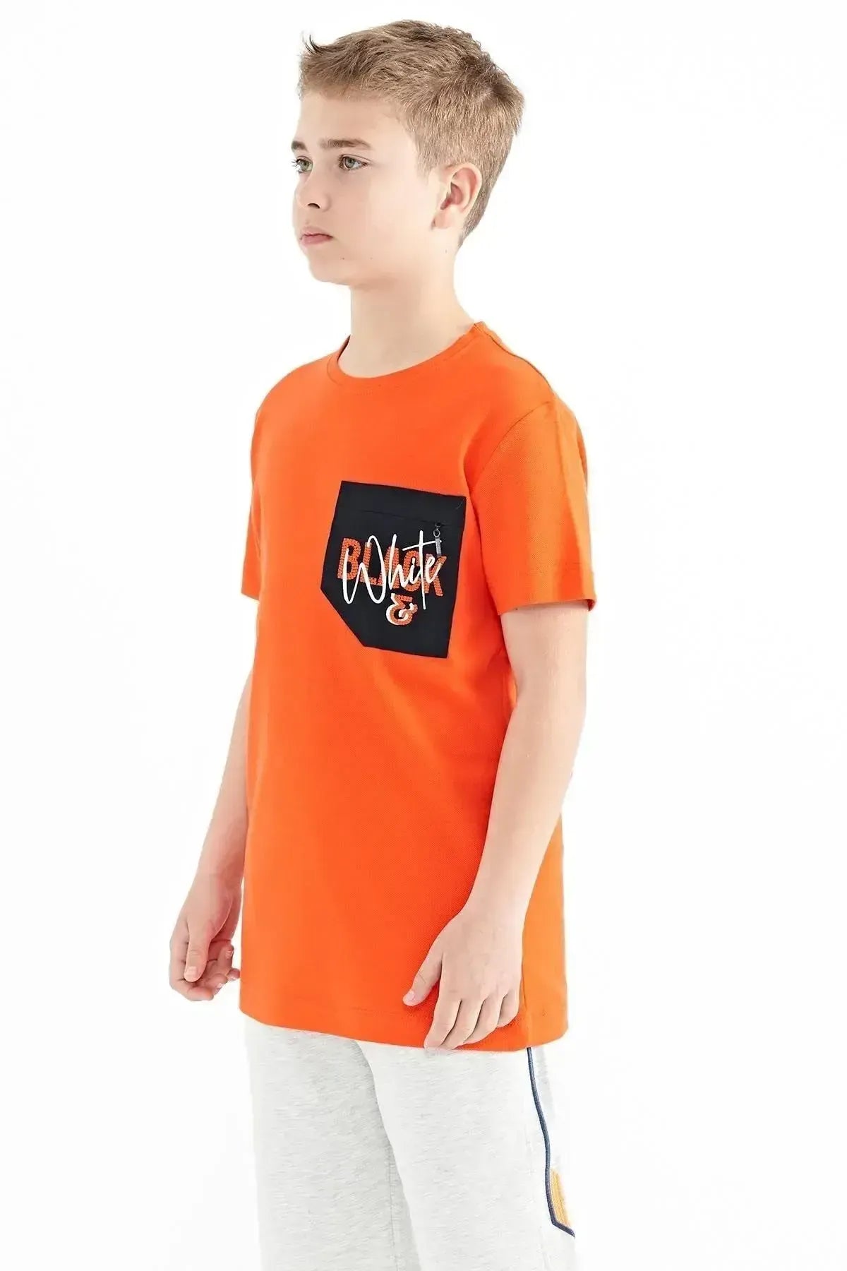 Orange Front Pocket Embroidered Detailed O Collar Standard Fit Boys' T-Shirt - 11116