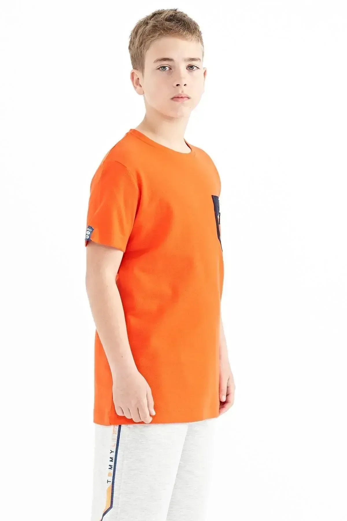 Orange Front Pocket Embroidered Detailed O Collar Standard Fit Boys' T-Shirt - 11116