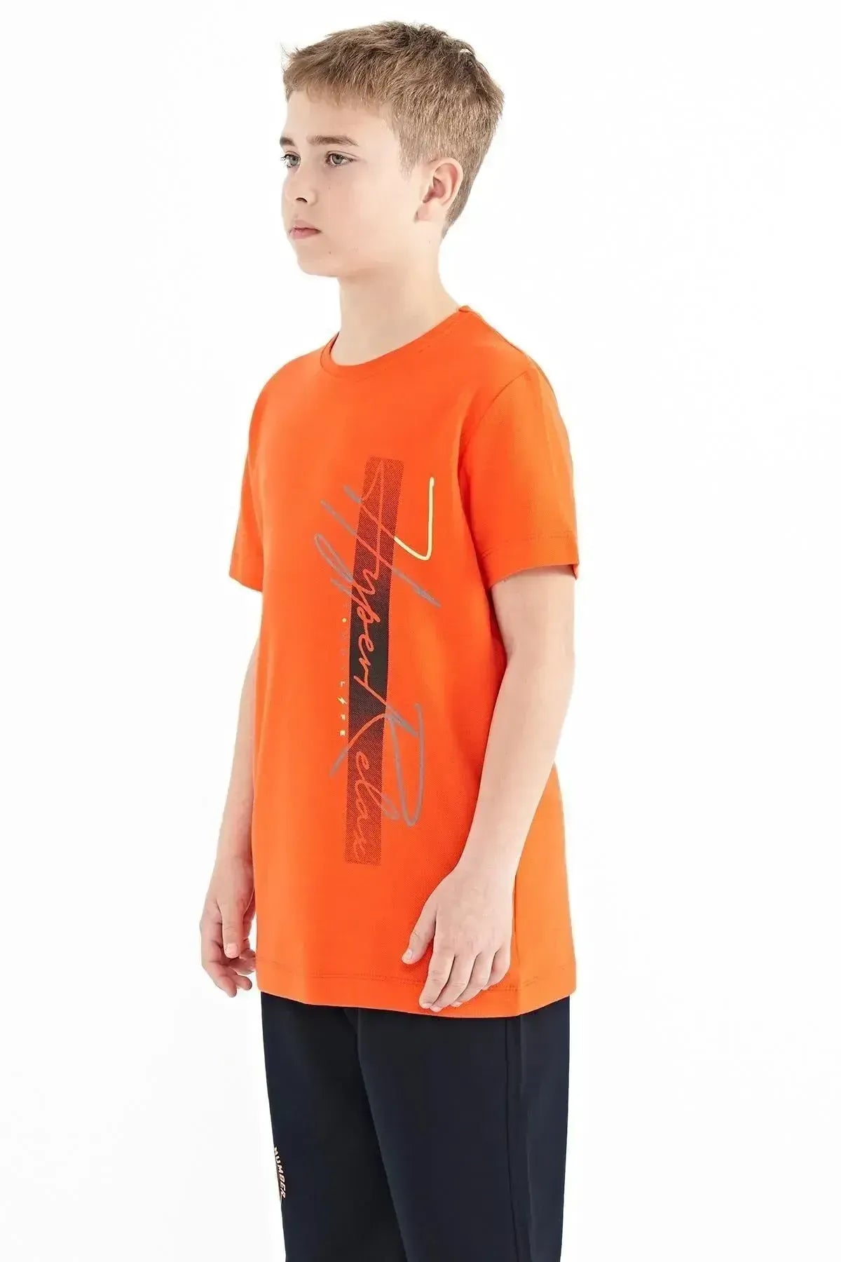 Orange Print O Collar Standard Cut Boys T-Shirt - 11119