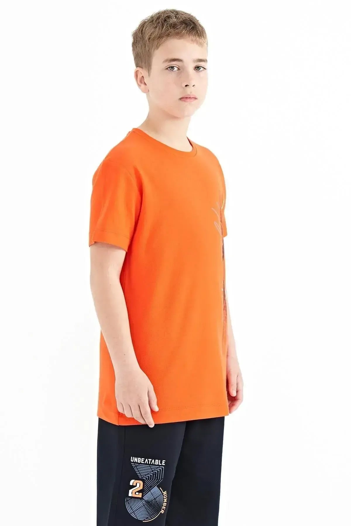 Orange Print O Collar Standard Cut Boys T-Shirt - 11119