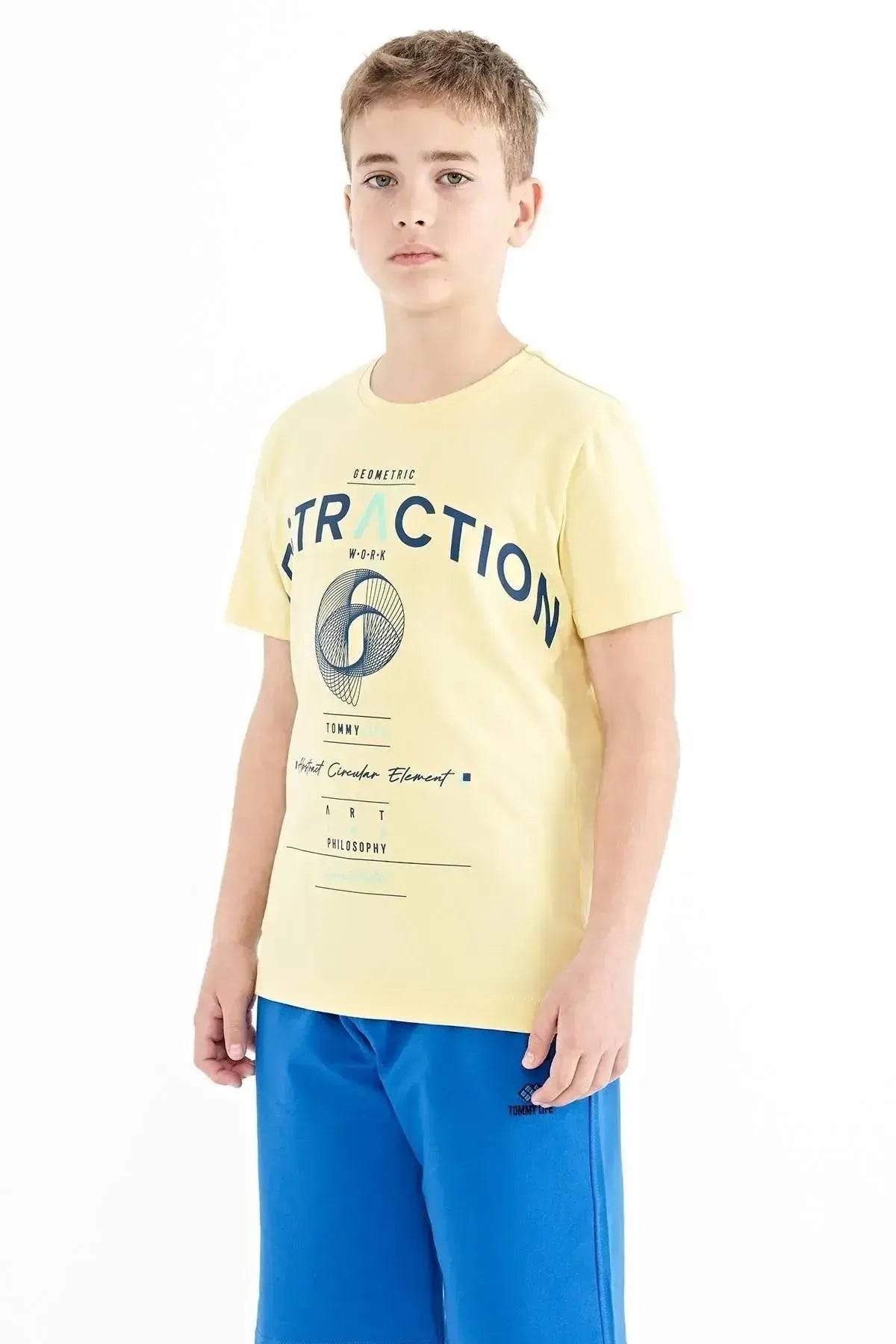 Yellow Print Detailed O Collar Standard Cut Boys' T-Shirt - 11103