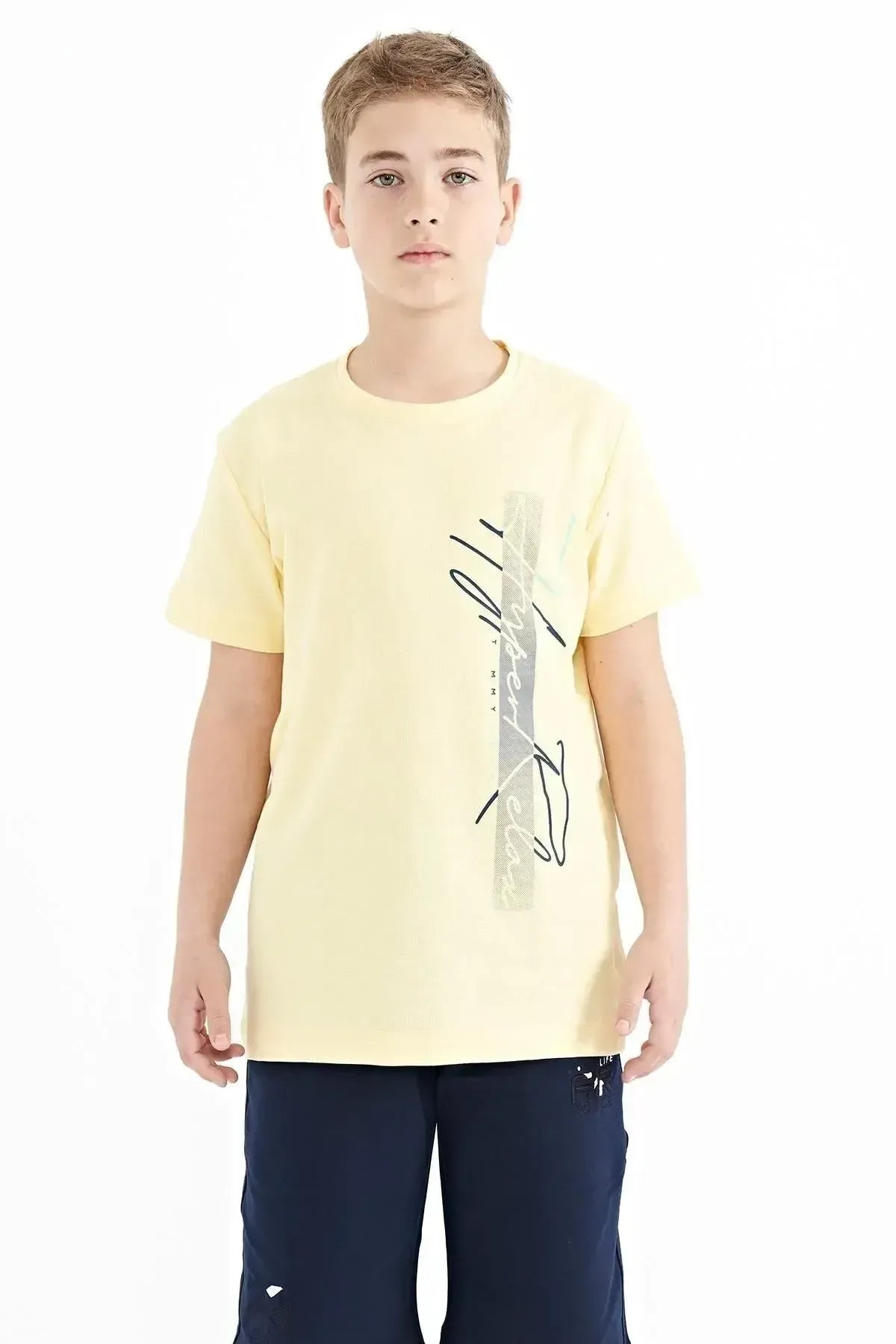 Yellow Print O Collar Standard Cut Boys' T-Shirt - 11119
