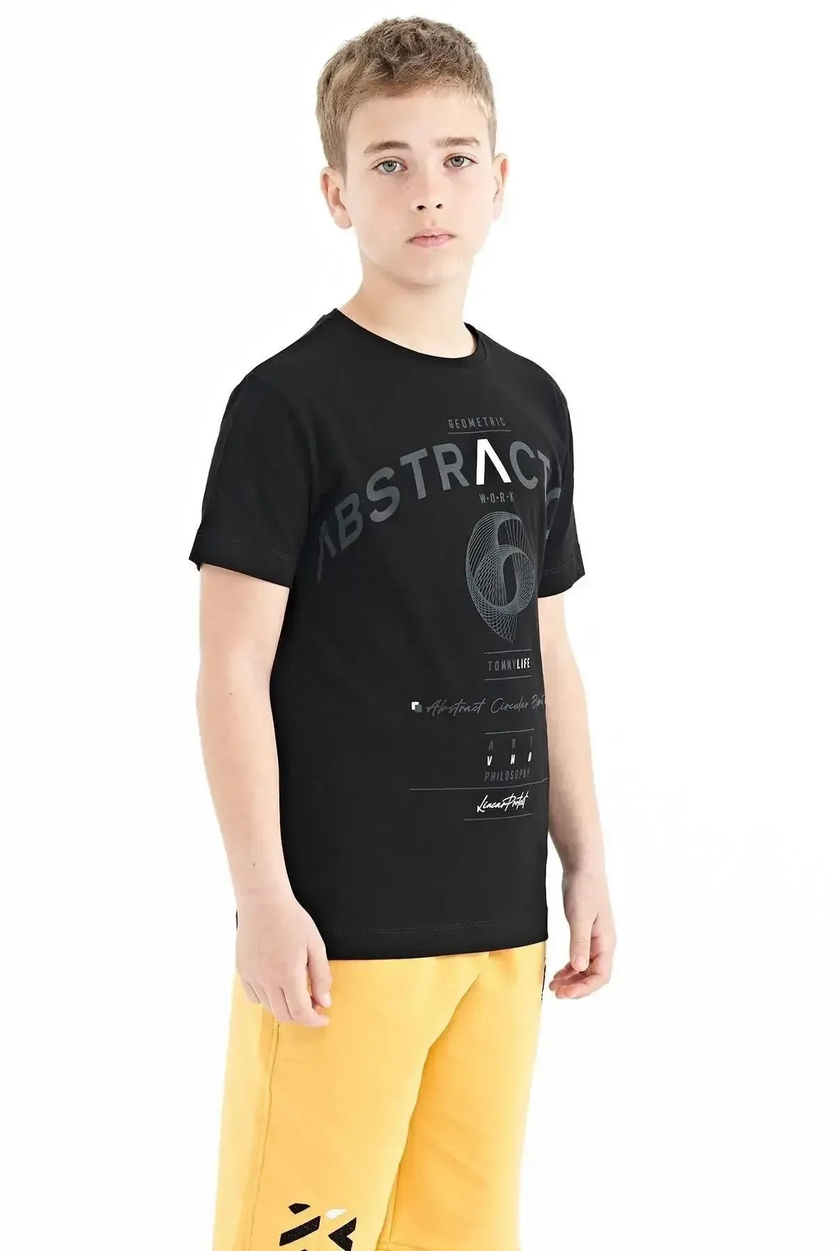 Black Print Detailed O Collar Standard Fit Boys' T-Shirt - 11103