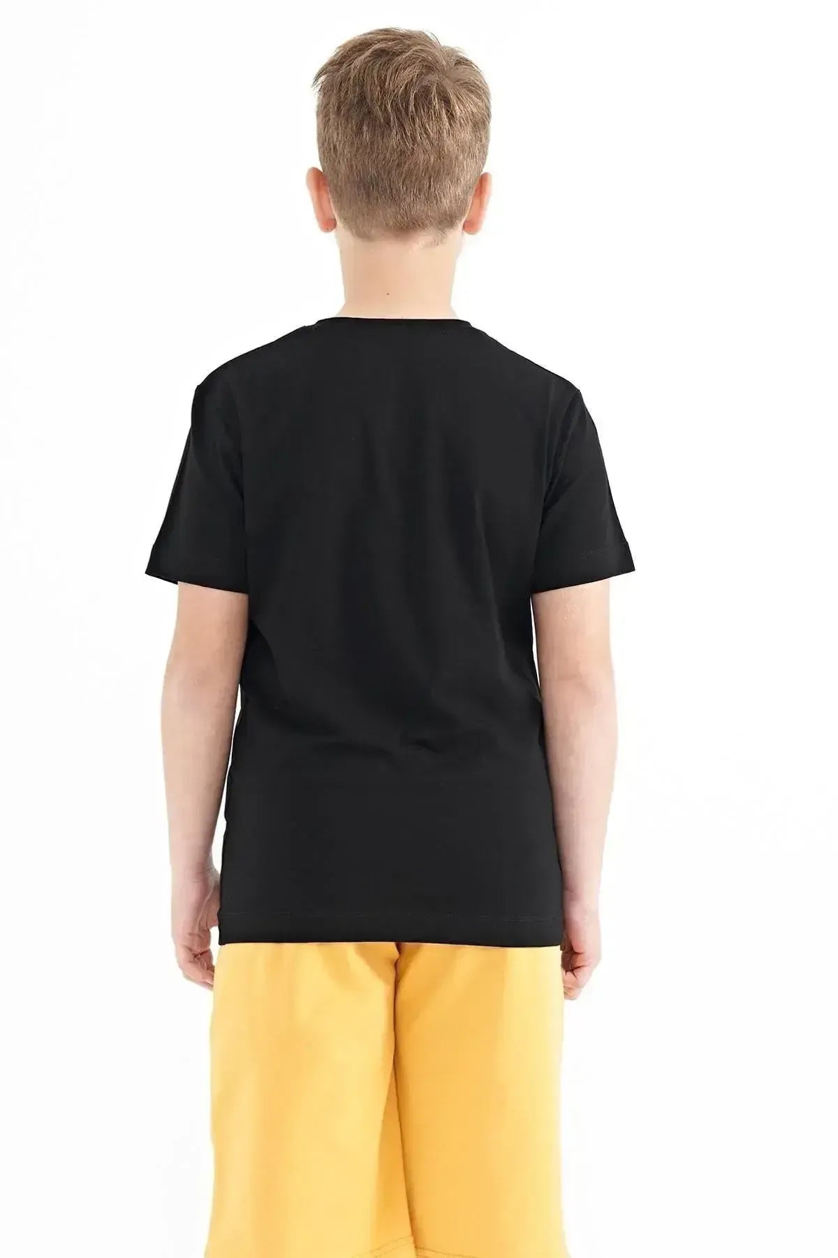 Black Print Detailed O Collar Standard Fit Boys' T-Shirt - 11103