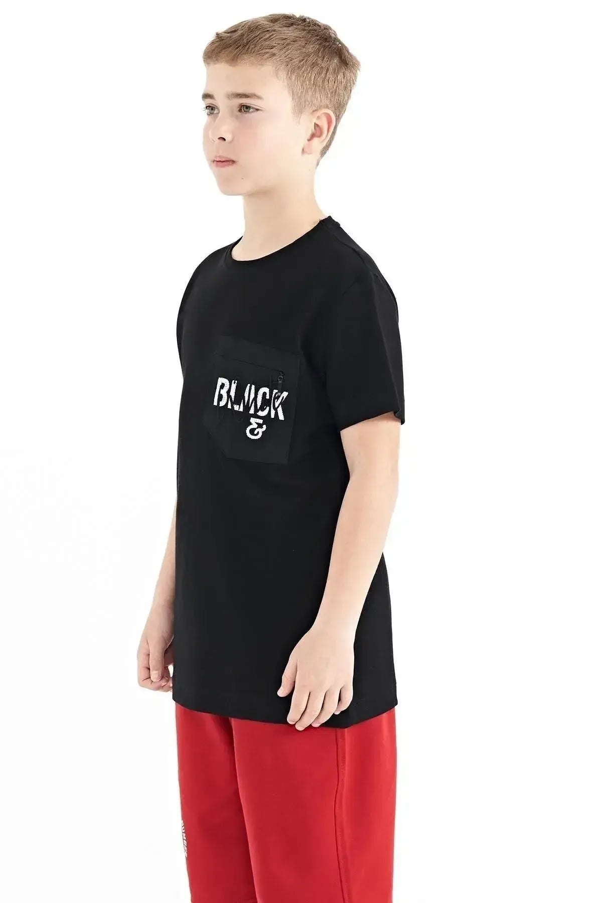 Black Front Pocket Embroidered O Collar Standard Fit Boys T-Shirt - 11116