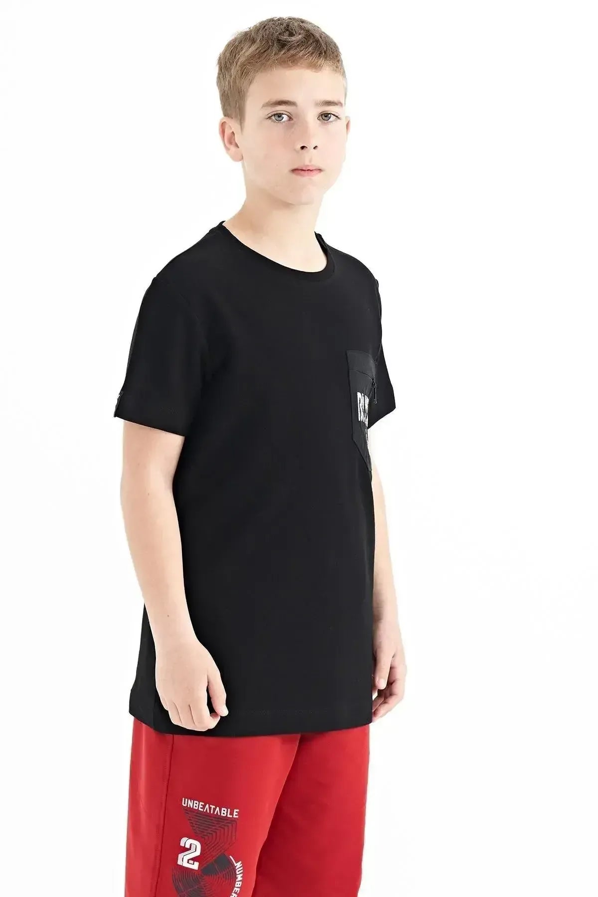 Black Front Pocket Embroidered O Collar Standard Fit Boys T-Shirt - 11116