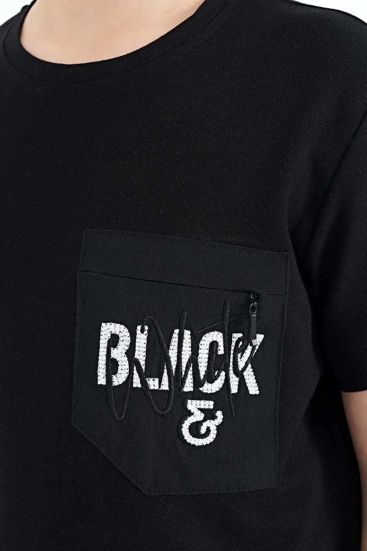 Black Front Pocket Embroidered O Collar Standard Fit Boys T-Shirt - 11116
